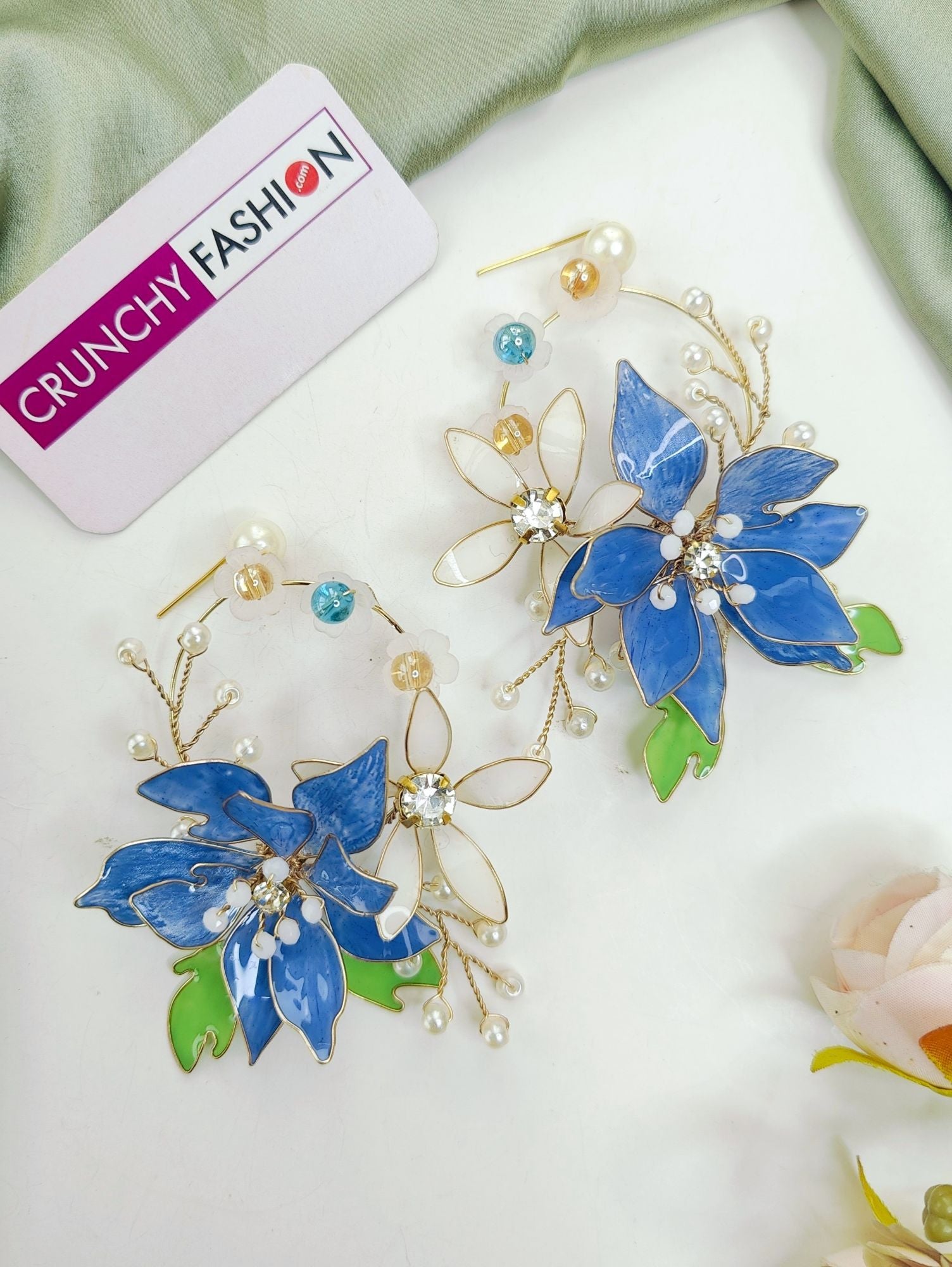 Blue drop and dangler earrings with pink-wine floral design, resin art for haldi carnival on Shopify