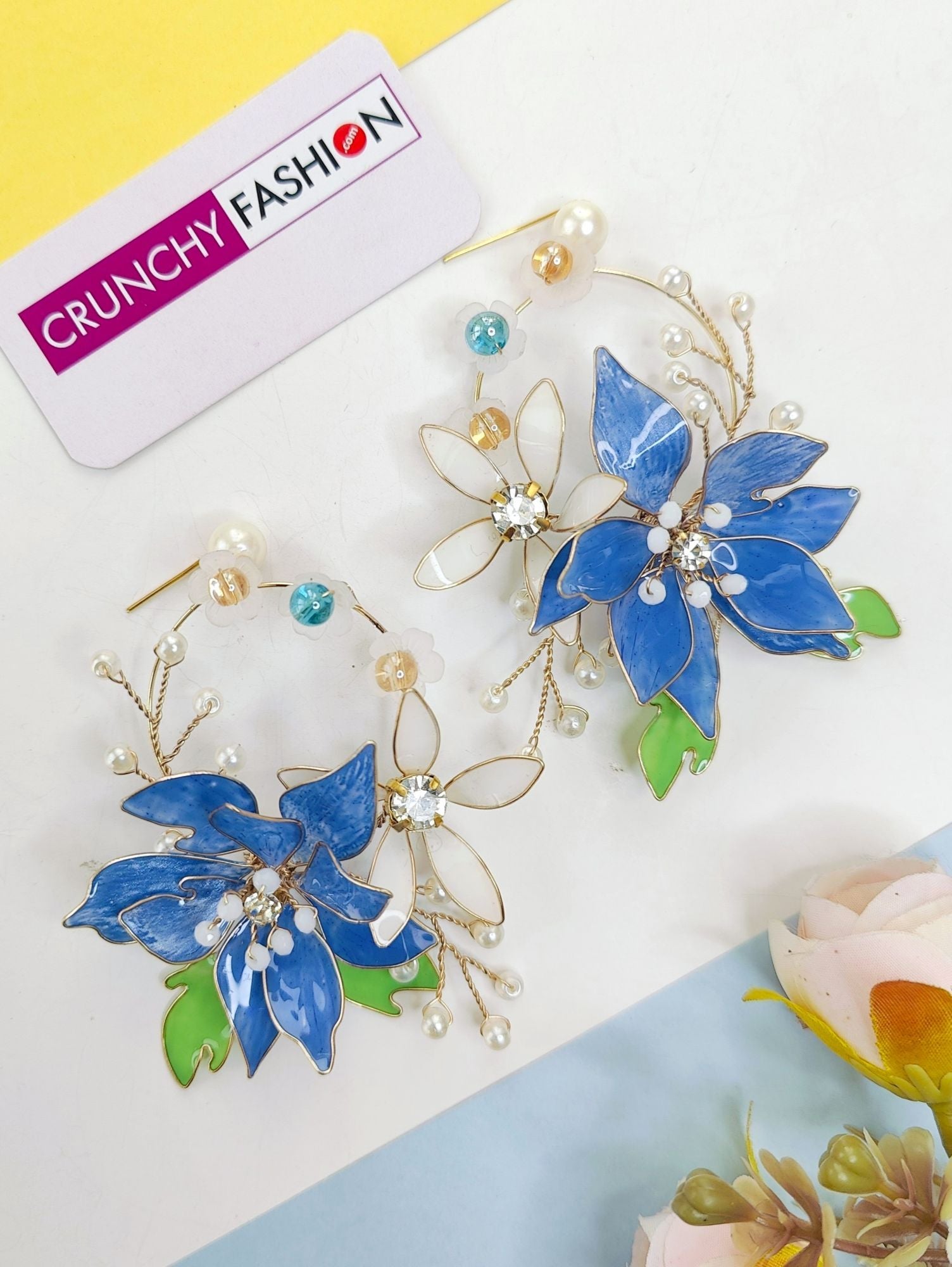 Blue drop and dangler earrings with pink-wine floral design, resin art for haldi carnival on Shopify