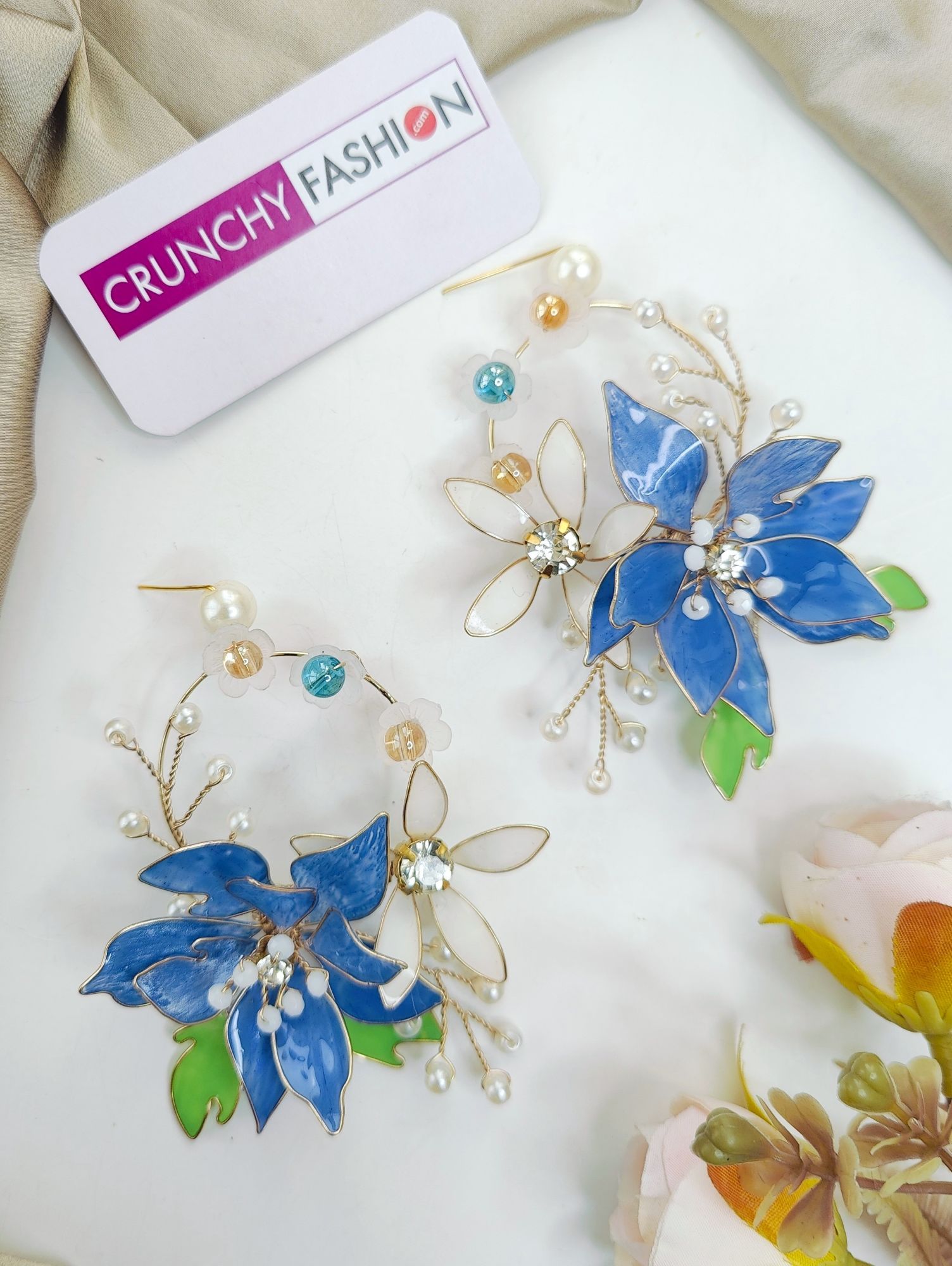 Blue drop and dangler earrings with pink-wine floral design, resin art for haldi carnival on Shopify