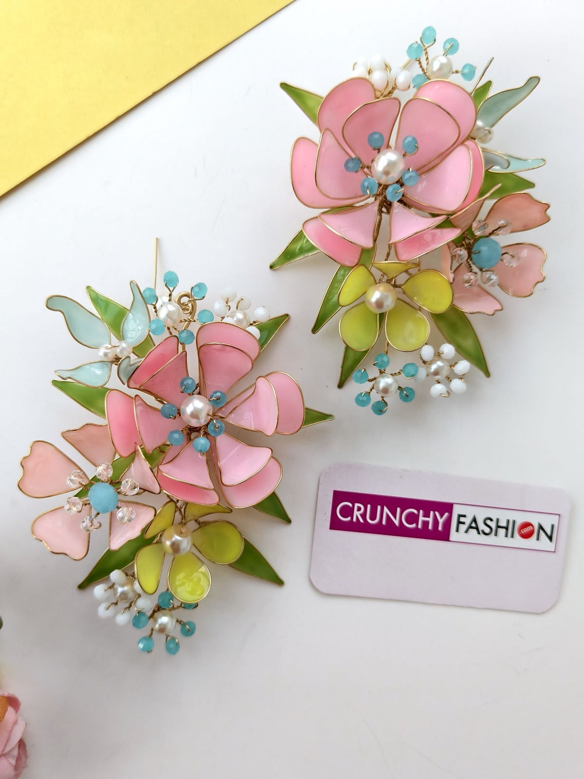 pink yellow floral resin earrings for women, lightweight statement
