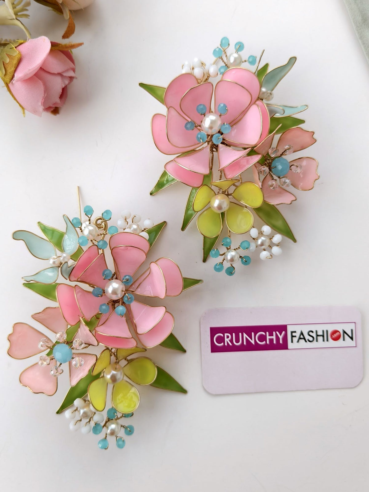 pink yellow floral resin earrings for women, lightweight statement