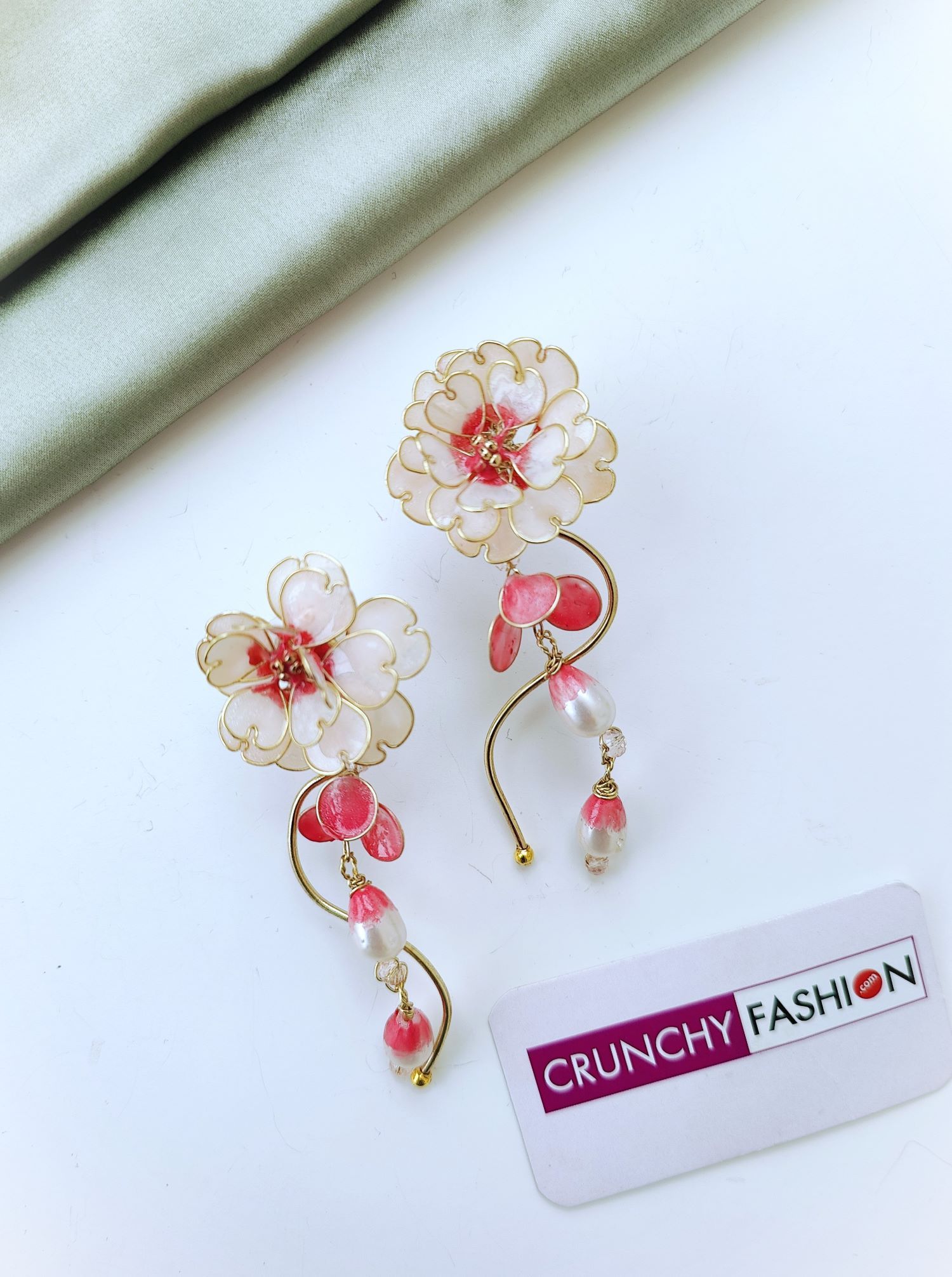 White floral resin drop earrings with pearls, handmade statement