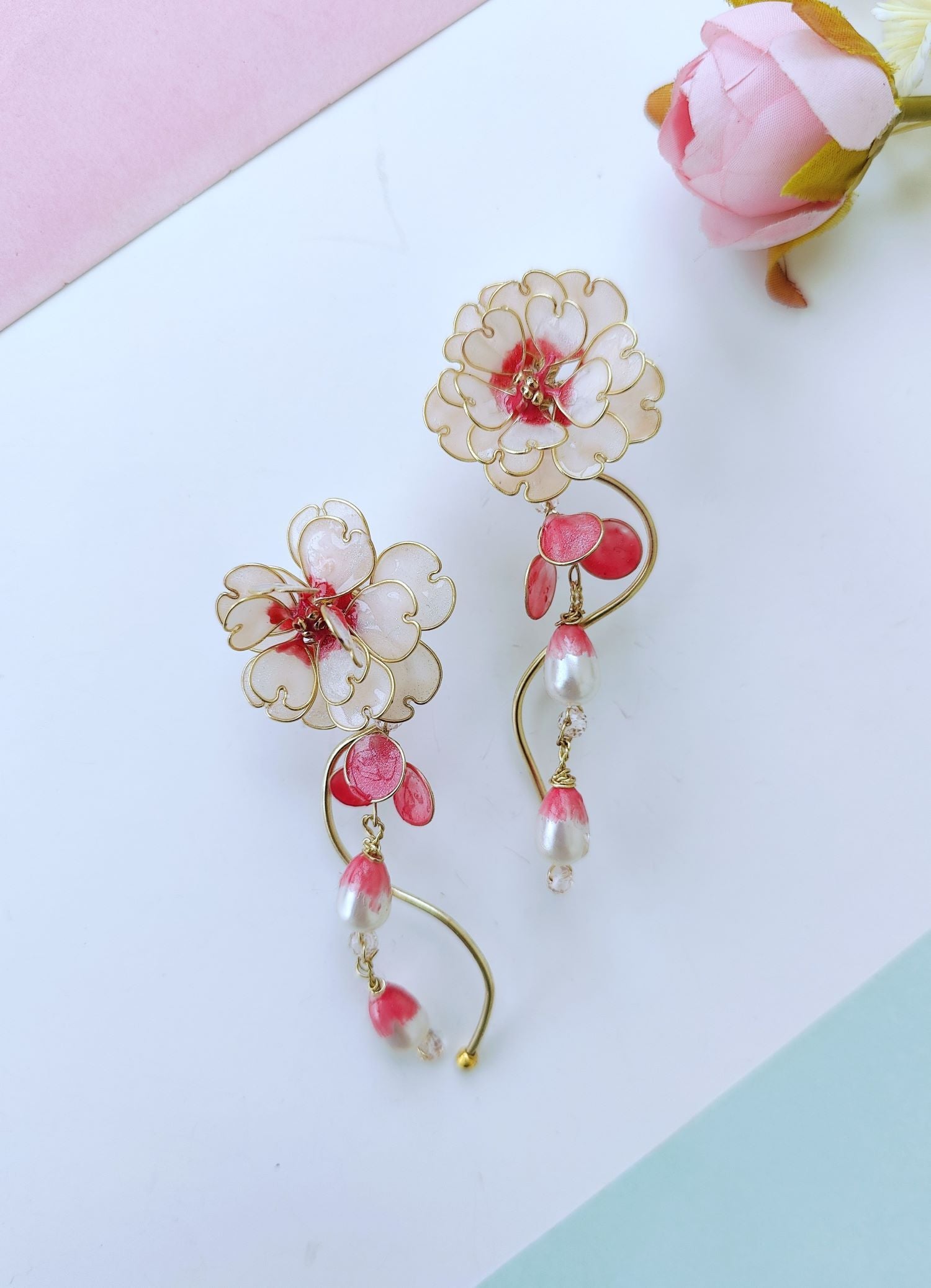 White floral resin drop earrings with pearls, handmade statement