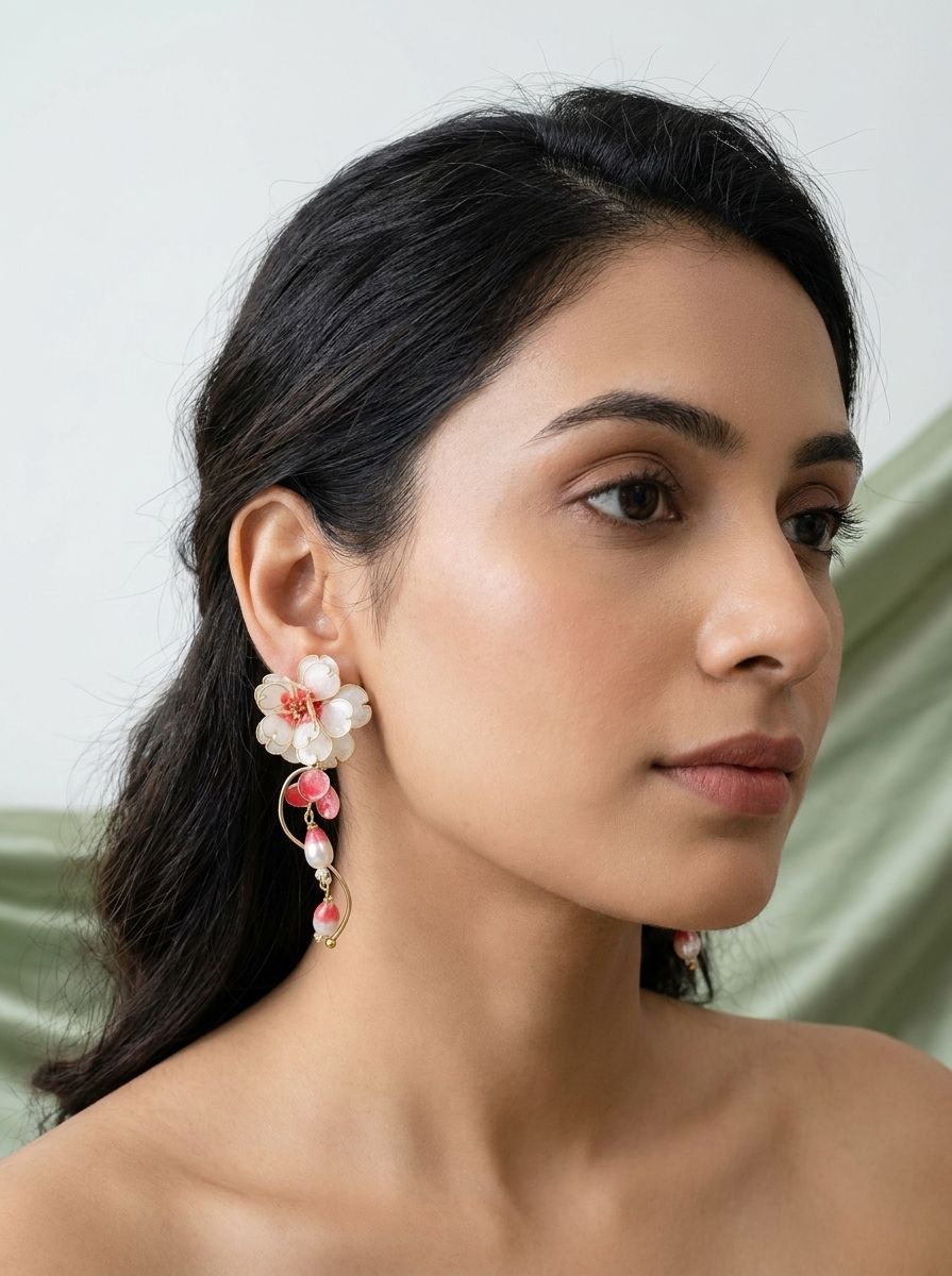 White floral resin drop earrings with pearls, handmade statement