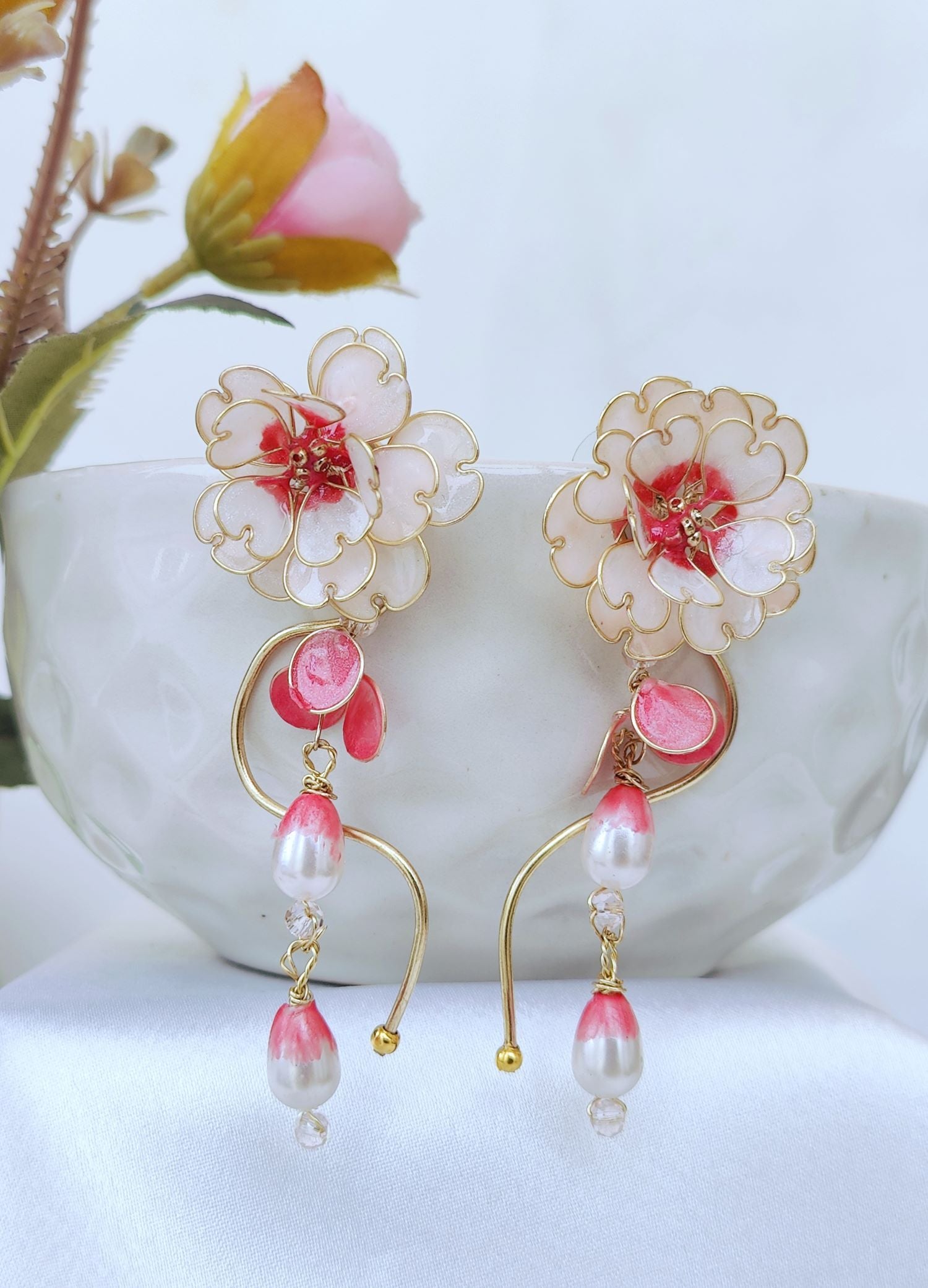 White floral resin drop earrings with pearls, handmade statement