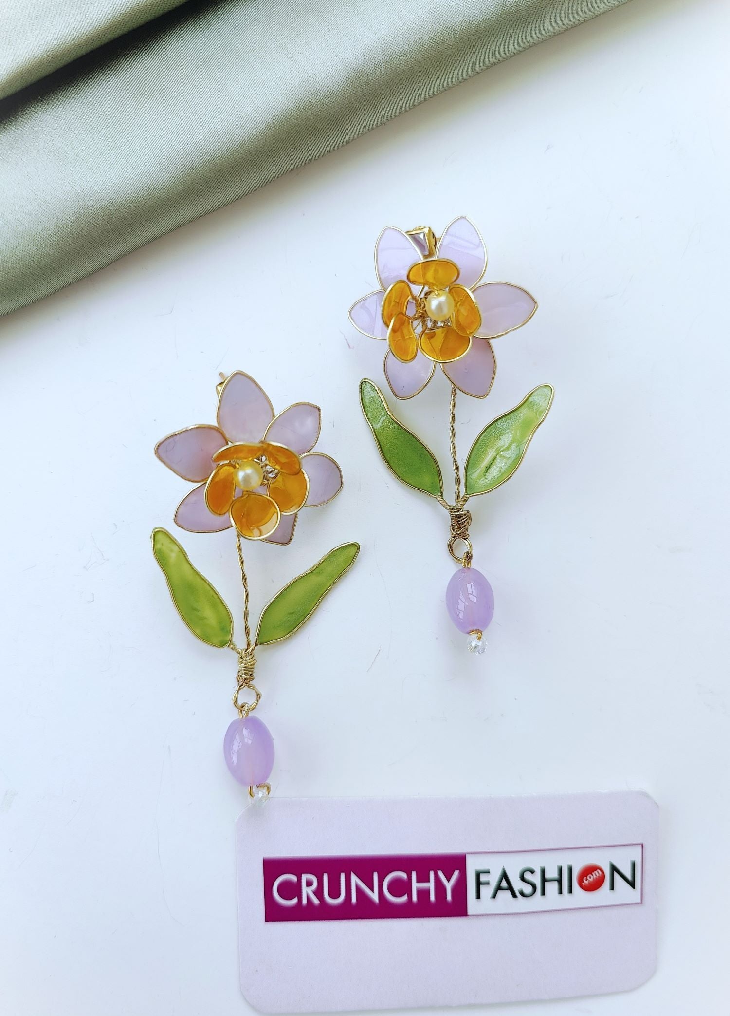 orange flower RESIN EARRING with green leaf, lightweight handmade