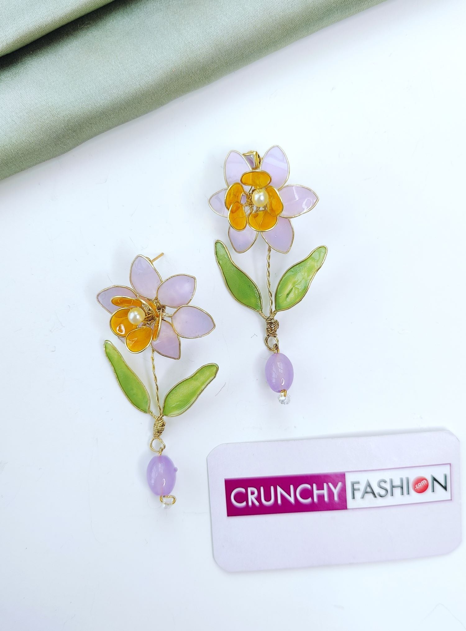 orange flower RESIN EARRING with green leaf, lightweight handmade