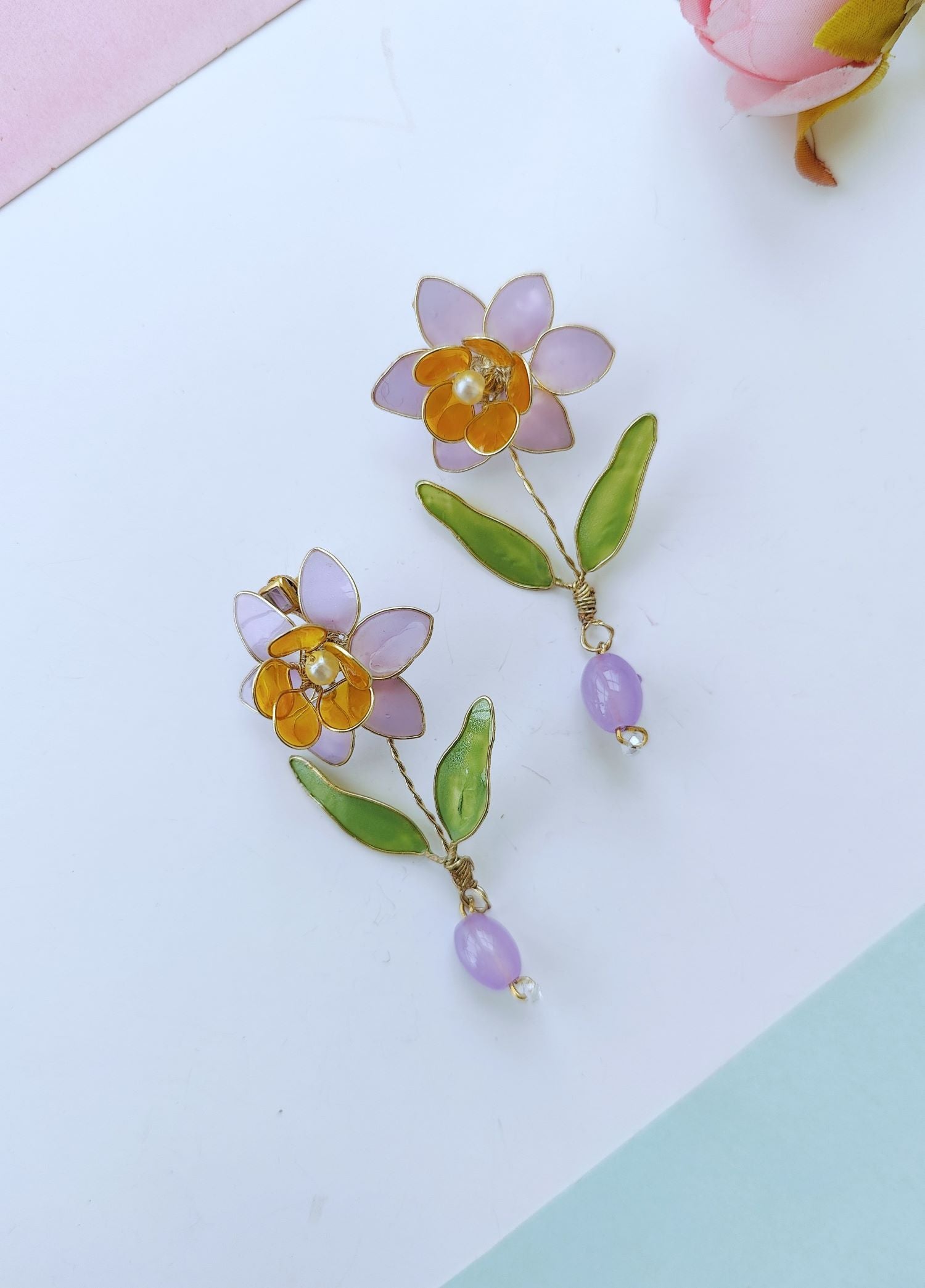 orange flower RESIN EARRING with green leaf, lightweight handmade
