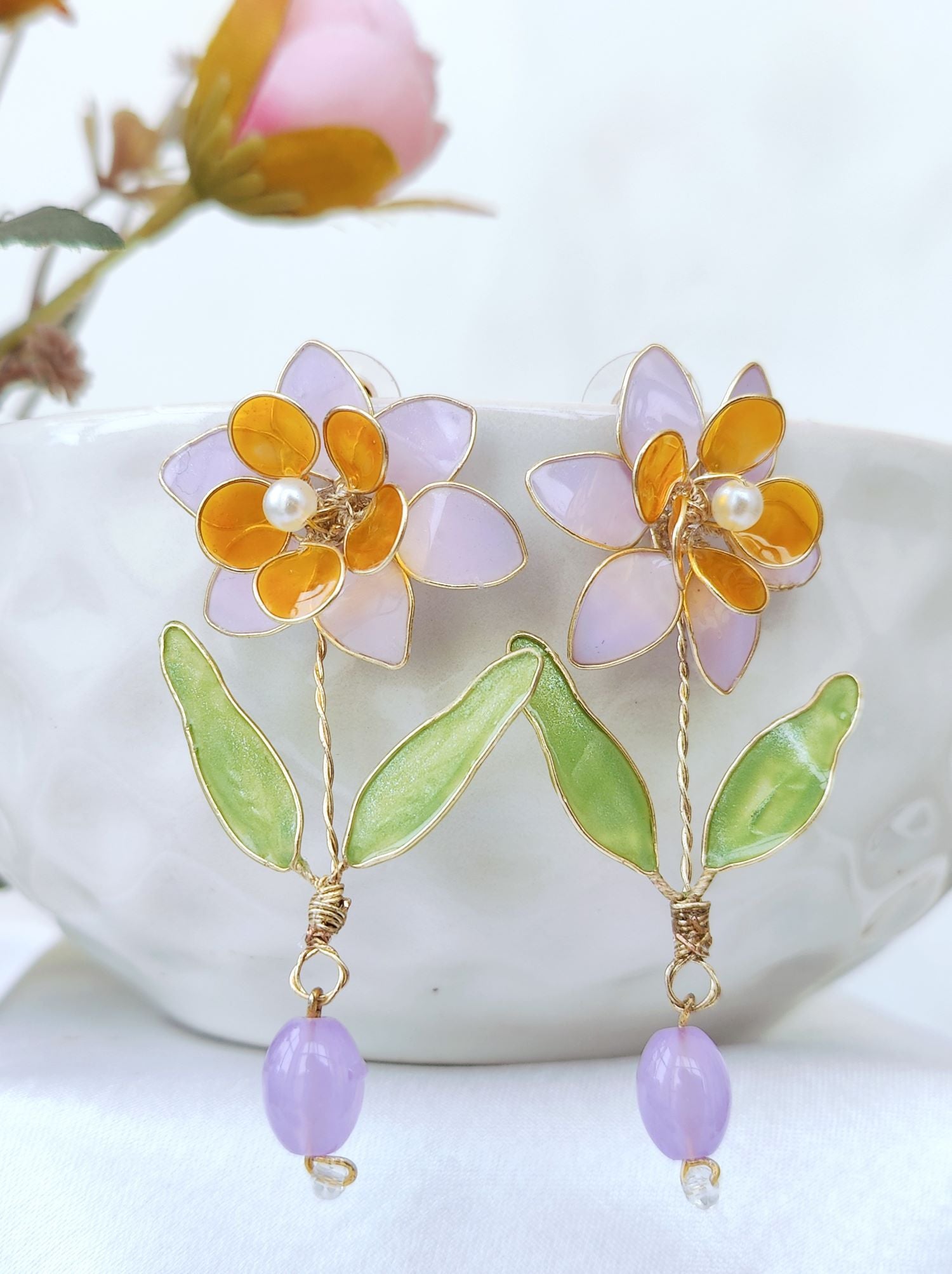 orange flower RESIN EARRING with green leaf, lightweight handmade