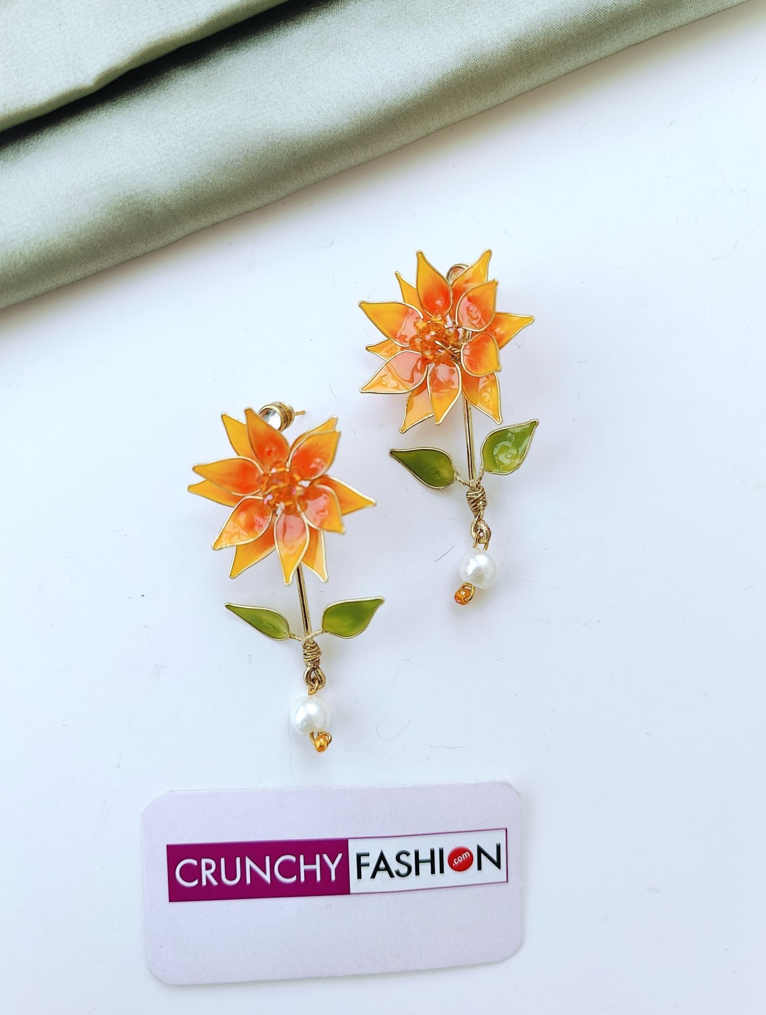 Orange floral resin earrings, sunflower style handmade drop studs