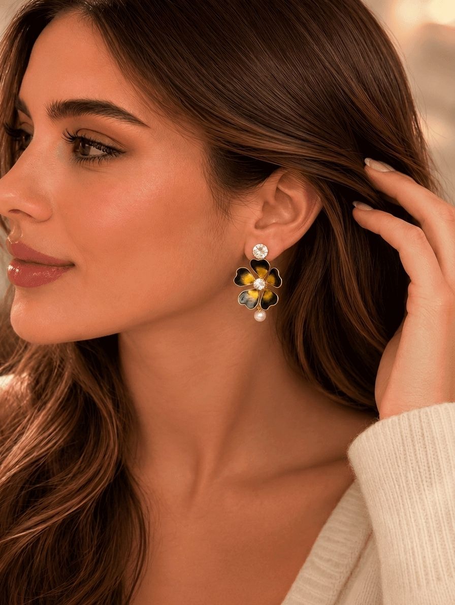 Black and gold floral resin dangler earrings for women