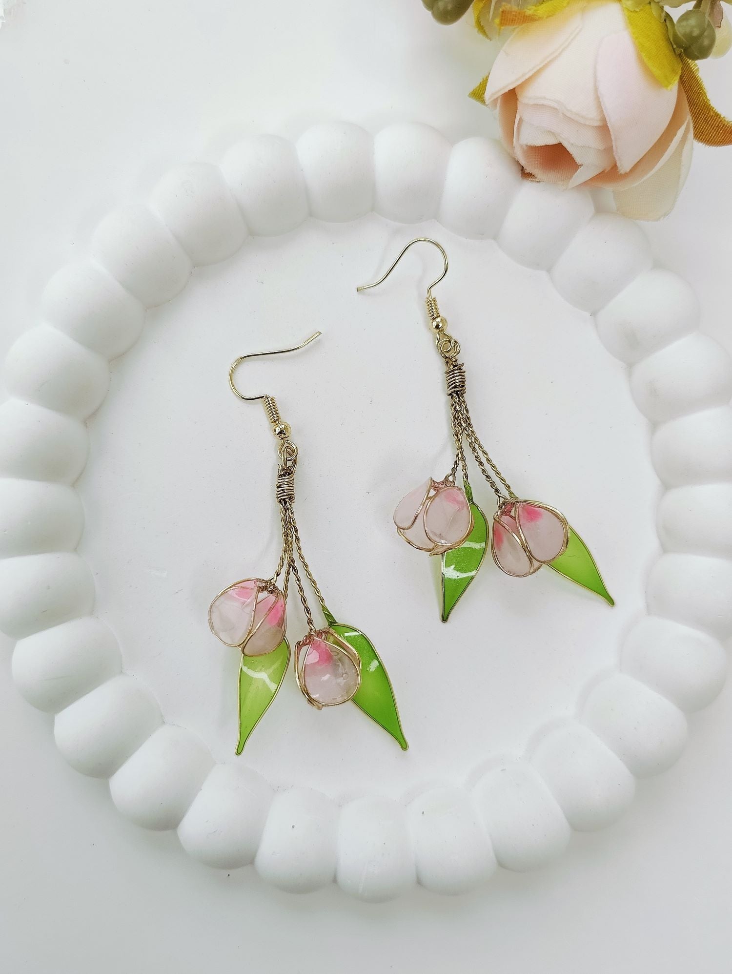 Soft pink resin floral tulip earrings, lightweight statement jewelry