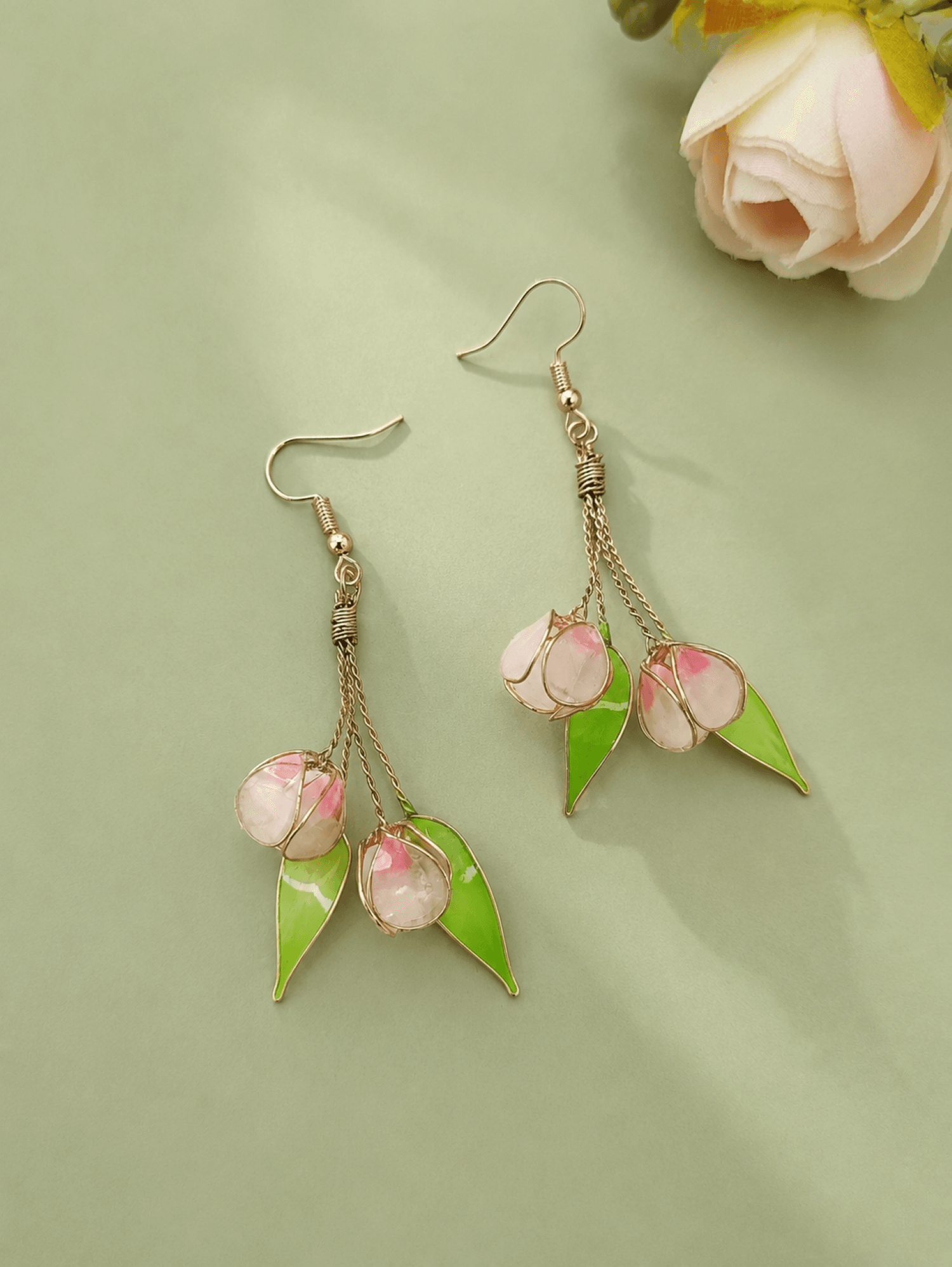 Soft pink resin floral tulip earrings, lightweight statement jewelry
