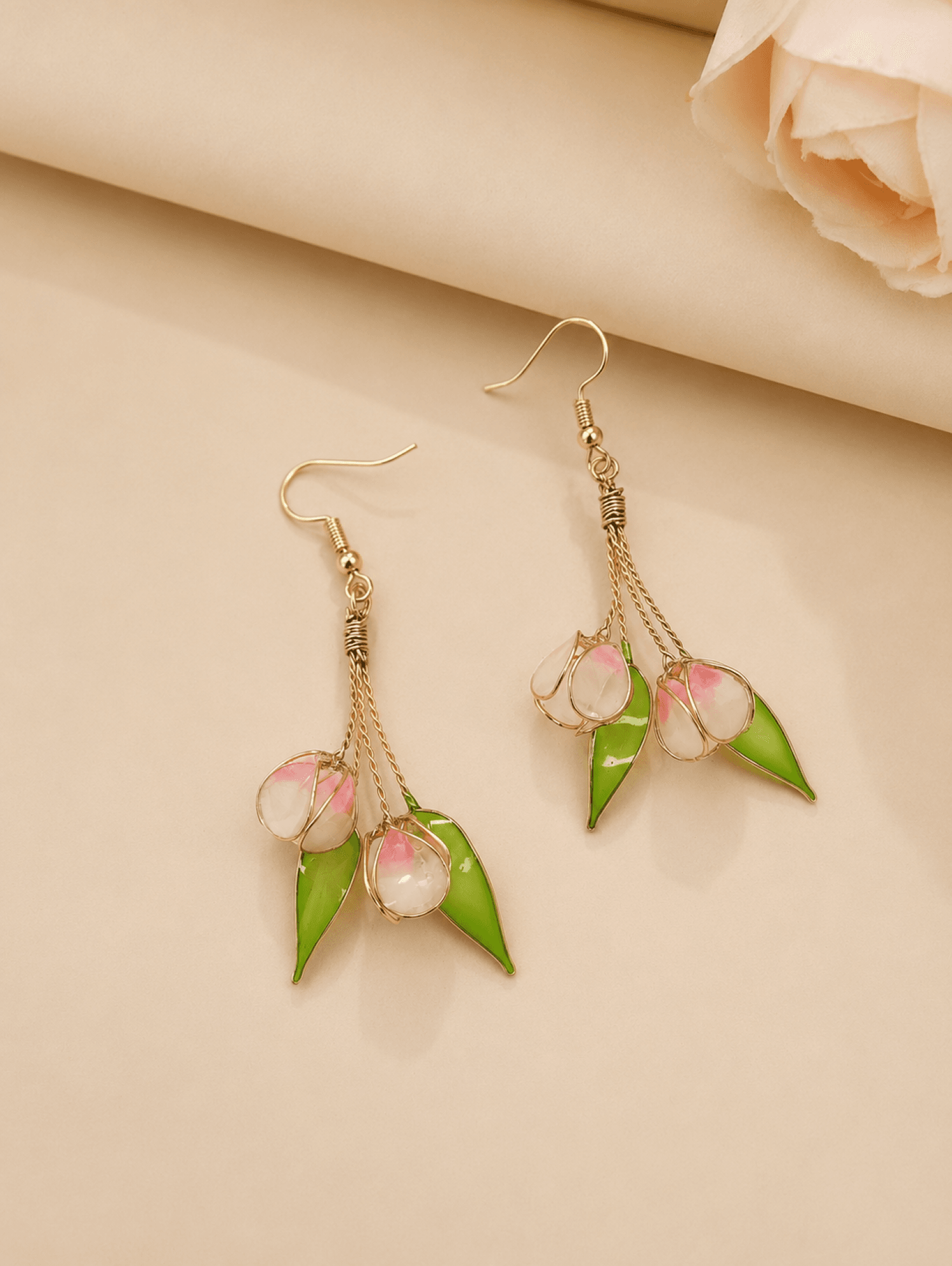 Soft pink resin floral tulip earrings, lightweight statement jewelry