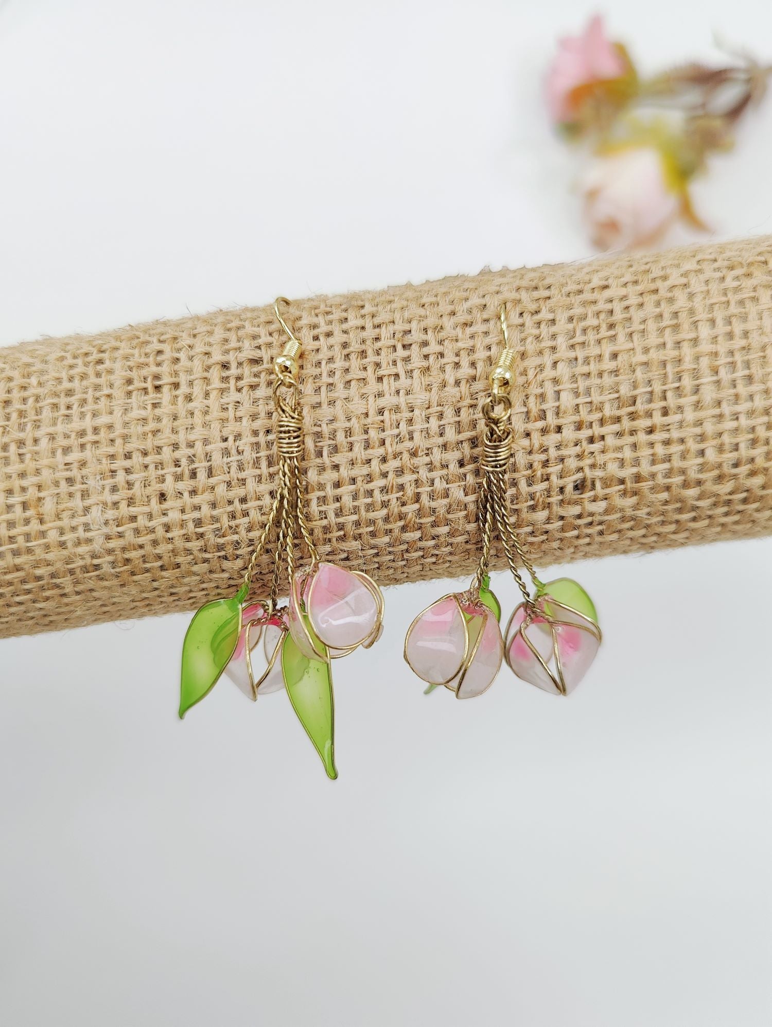 Soft pink resin floral tulip earrings, lightweight statement jewelry