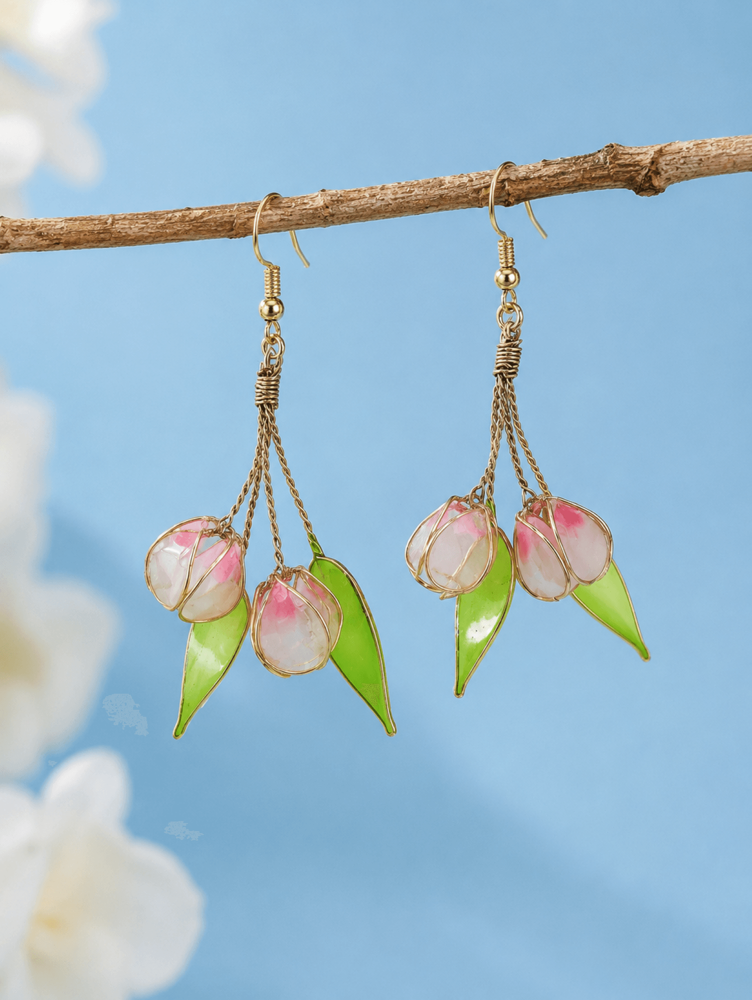 Soft pink resin floral tulip earrings, lightweight statement jewelry