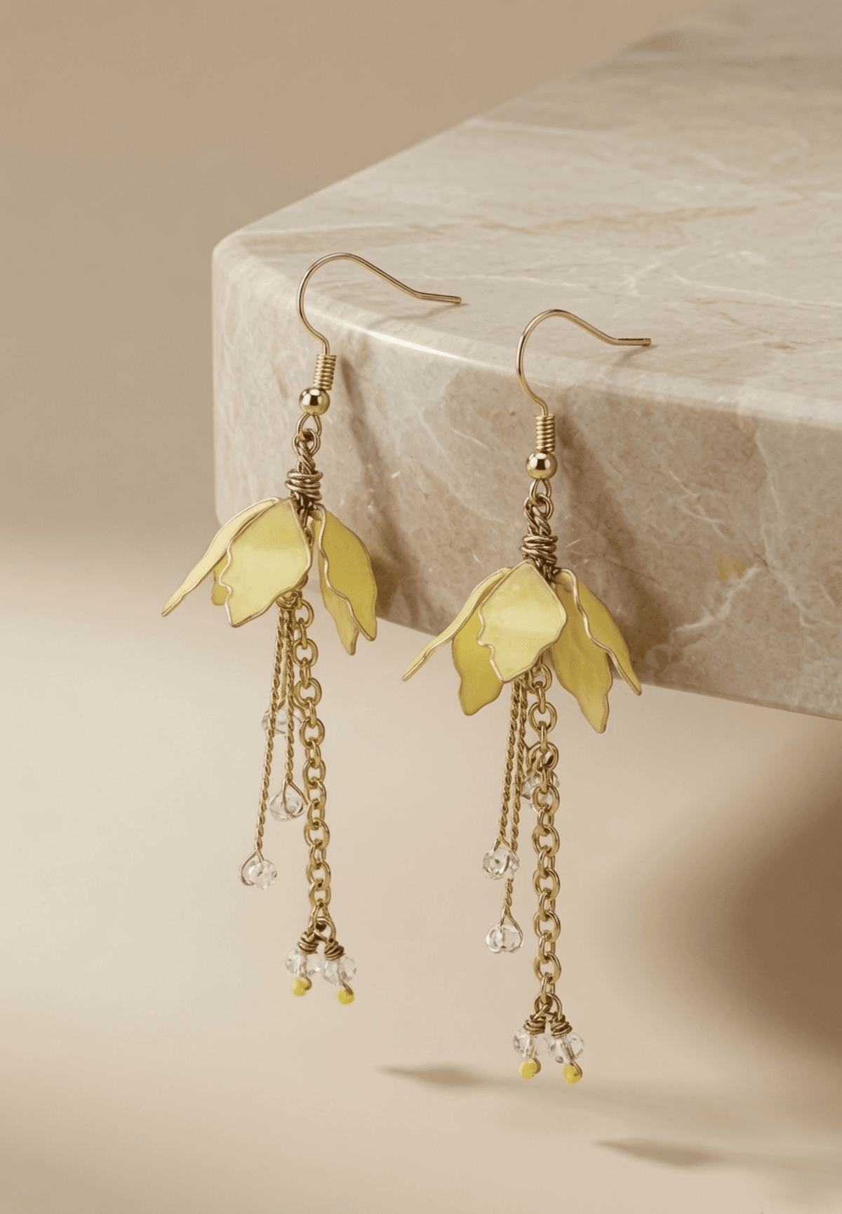 Light yellow floral resin gold dangler earrings for women