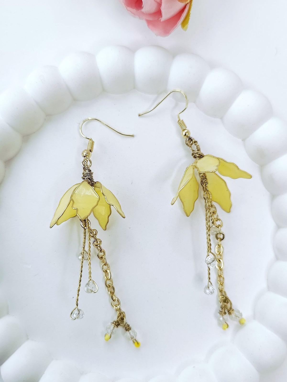 Light yellow floral resin gold dangler earrings for women