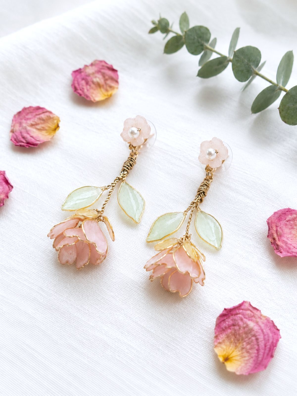 Light pink floral resin drop earring, handmade lightweight statement