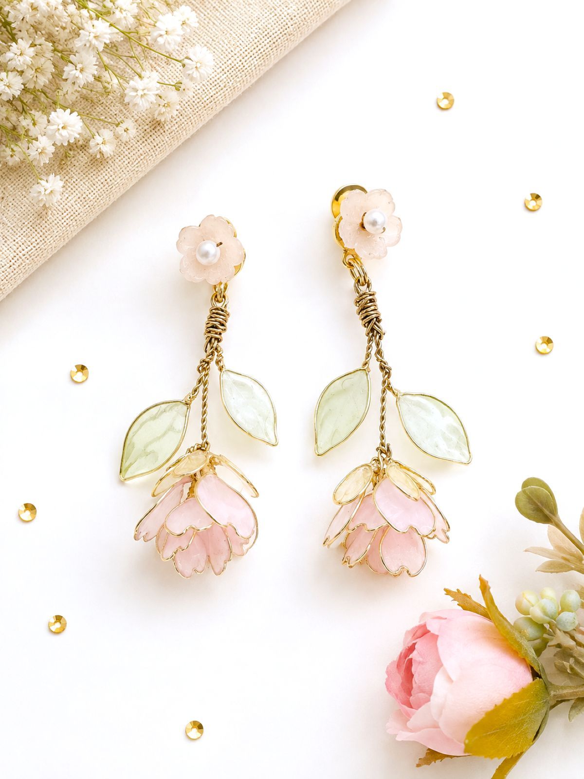 Light pink floral resin drop earring, handmade lightweight statement