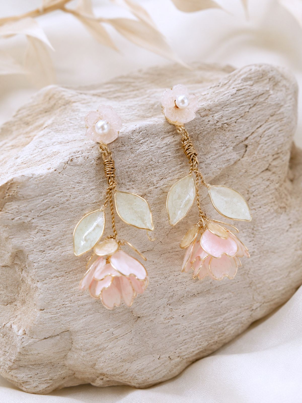 Light pink floral resin drop earring, handmade lightweight statement