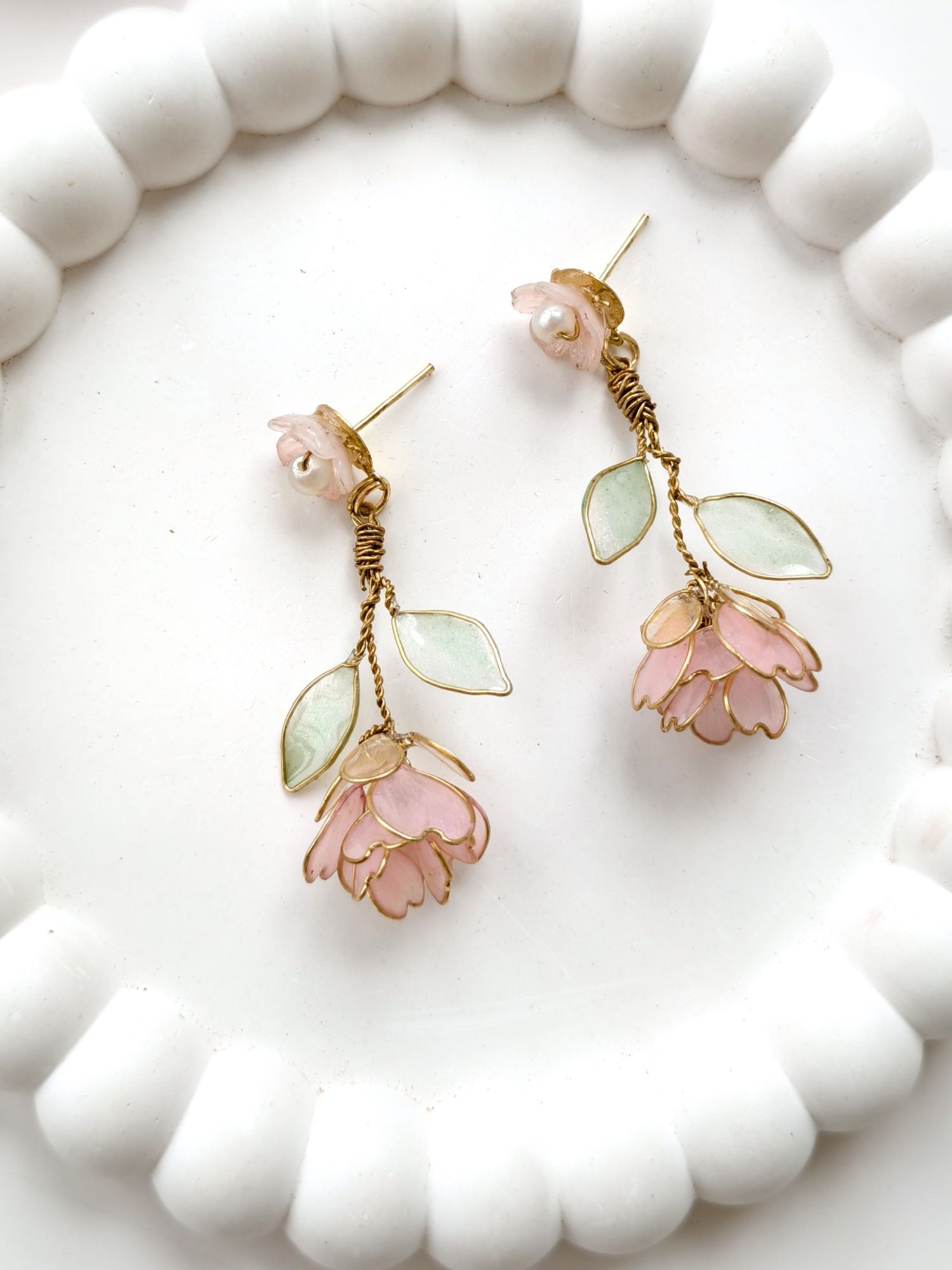 Light pink floral resin drop earring, handmade lightweight statement