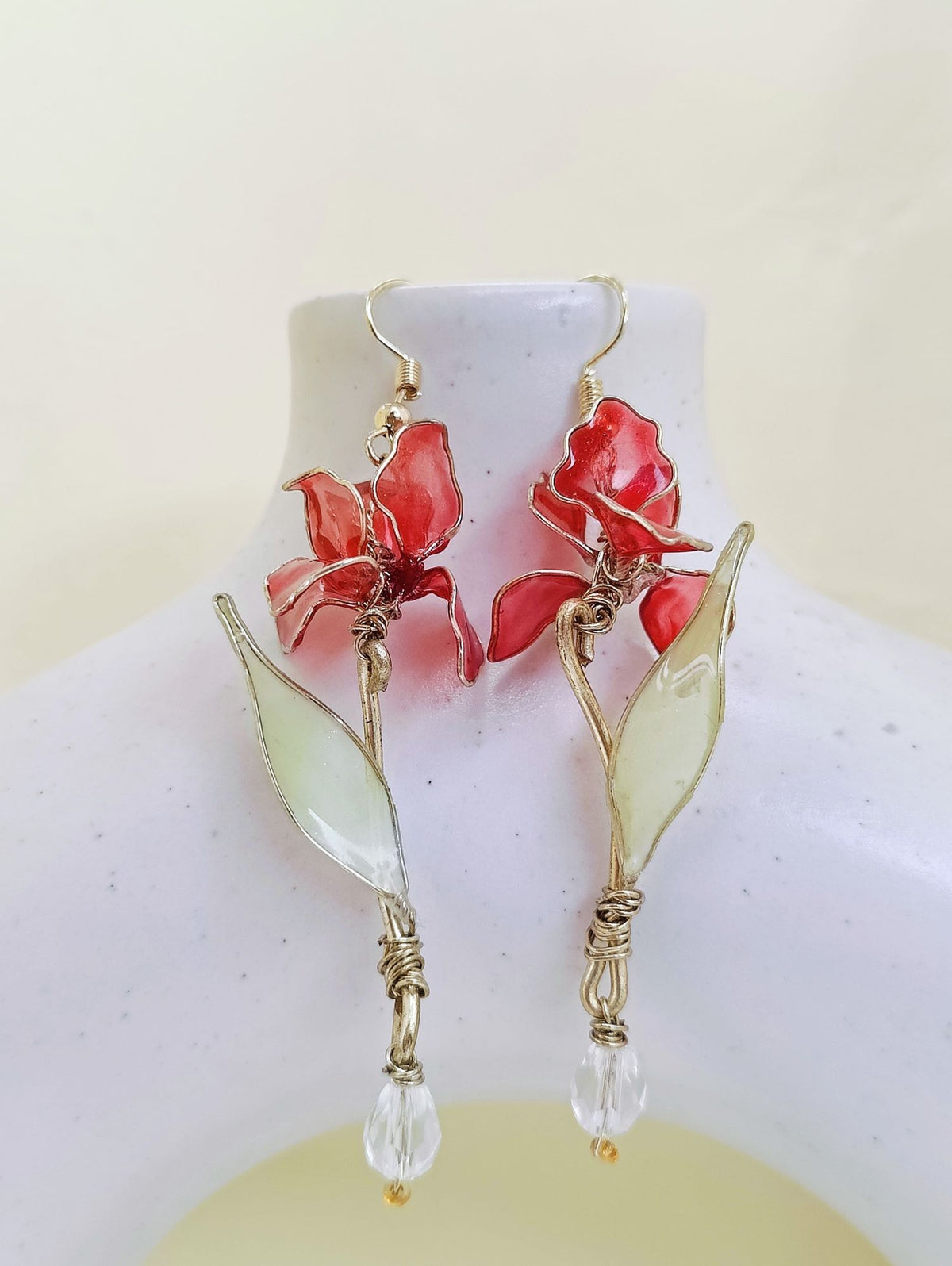 Handmade floral resin drop earrings in cheery red and green