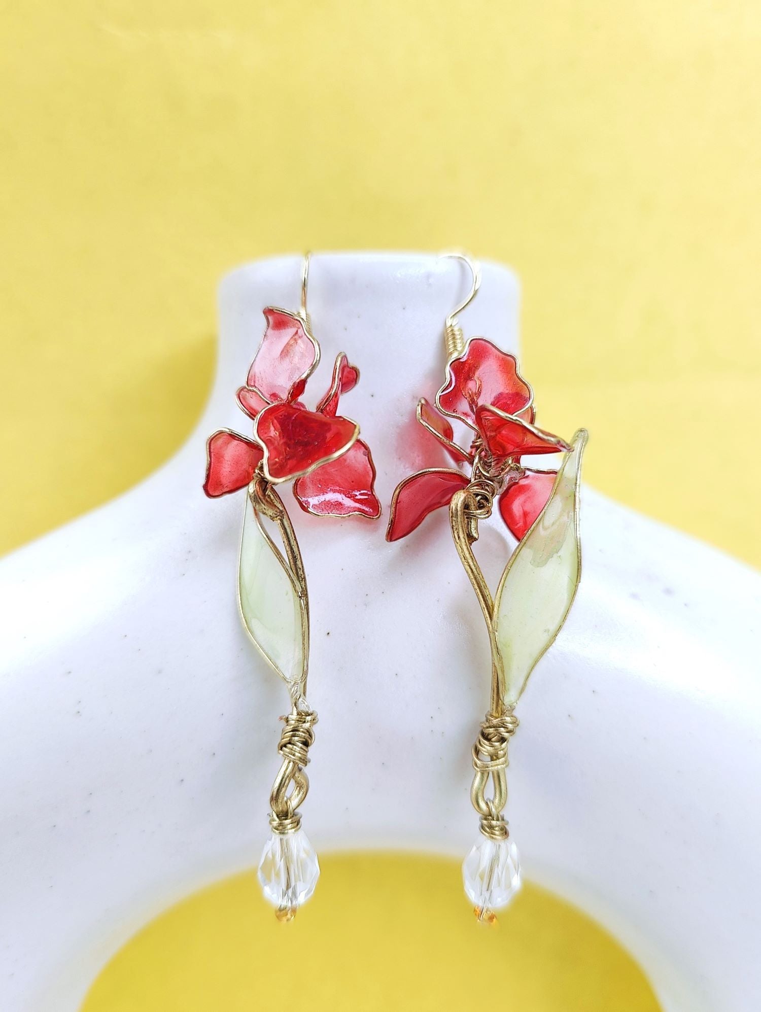 Handmade floral resin drop earrings in cheery red and green