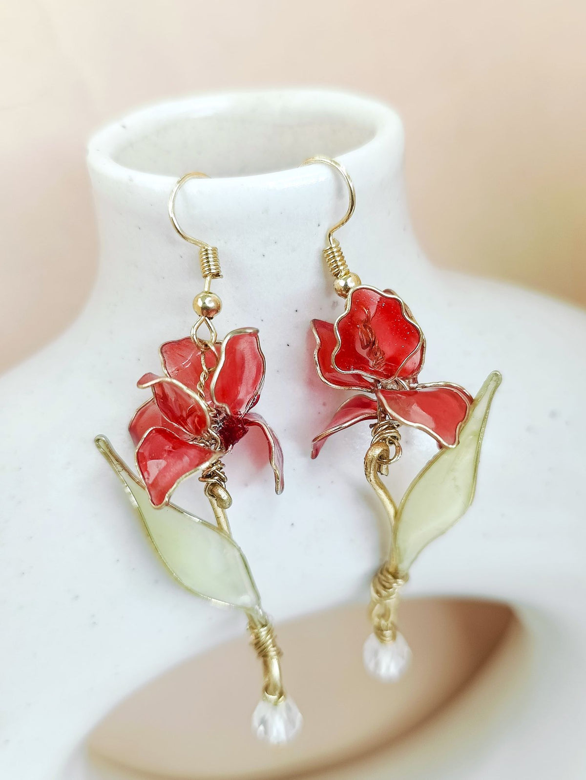 Handmade floral resin drop earrings in cheery red and green