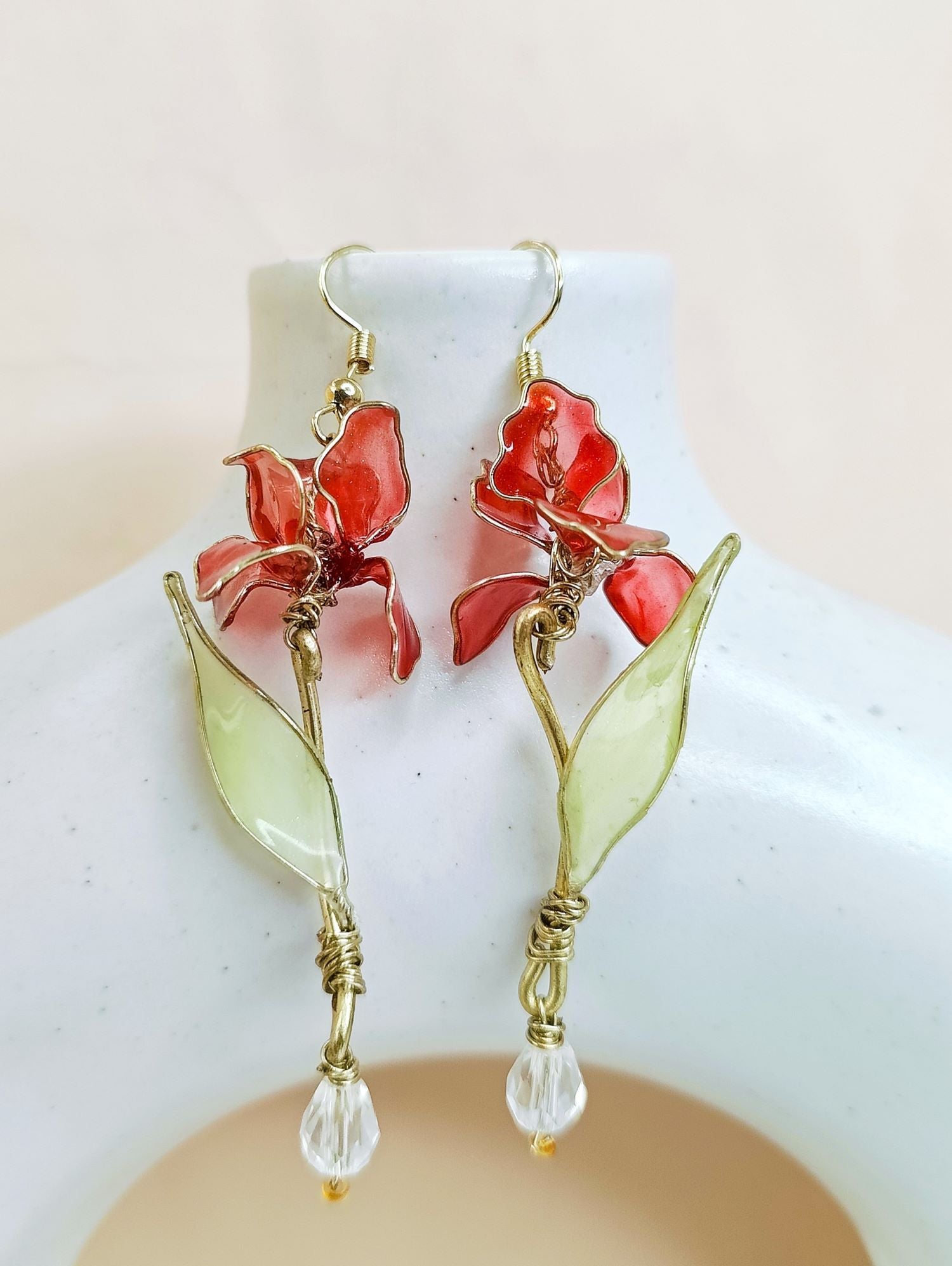 Handmade floral resin drop earrings in cheery red and green