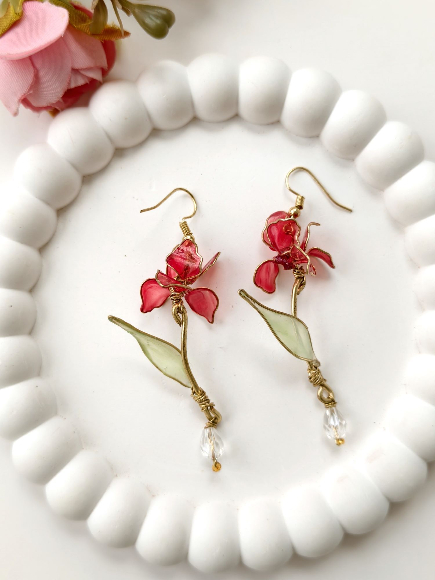 Handmade floral resin drop earrings in cheery red and green