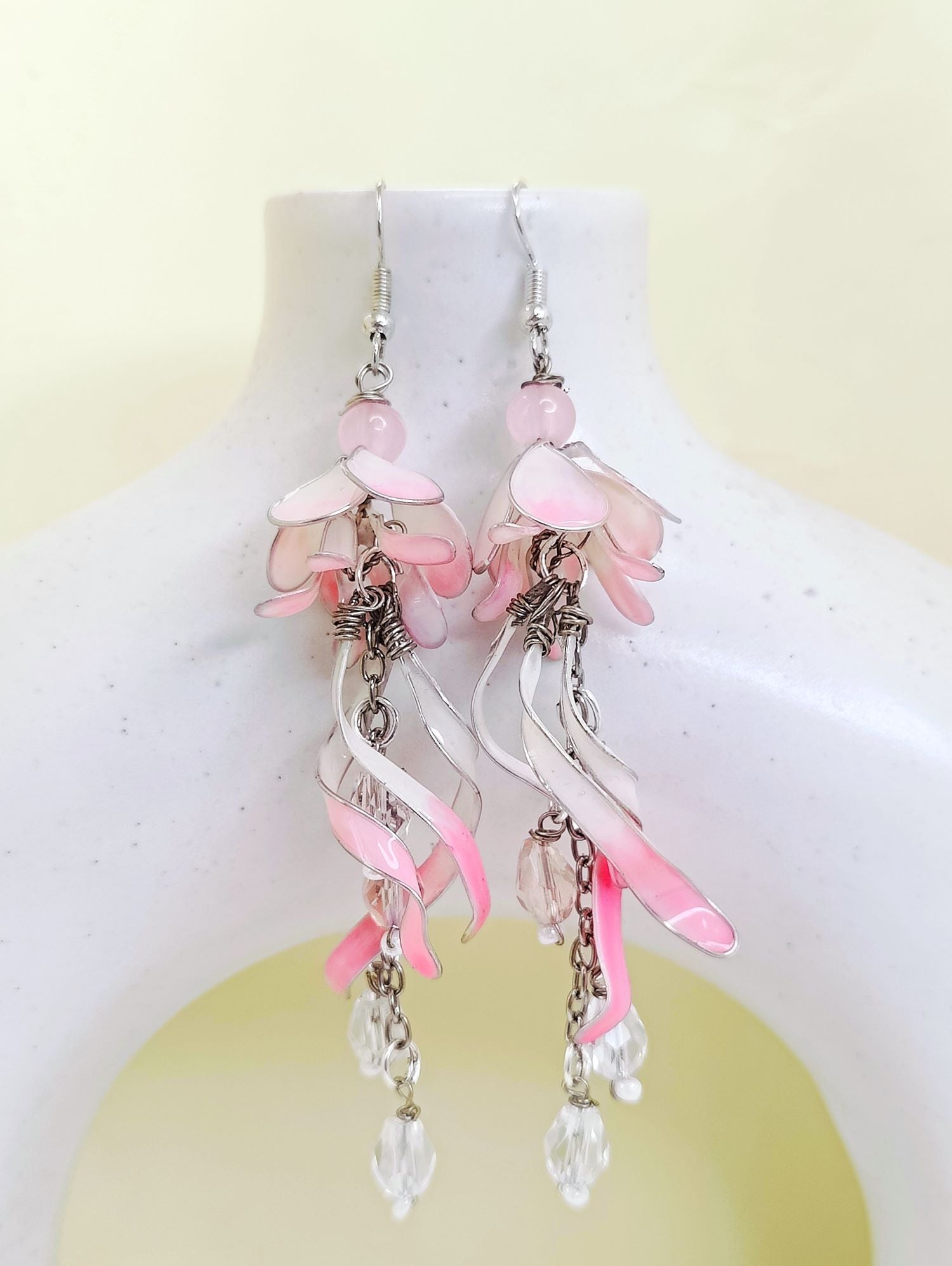 Soft pink and white floral resin earrings, lightweight handmade statement jewelry, elegant tulip design for women
