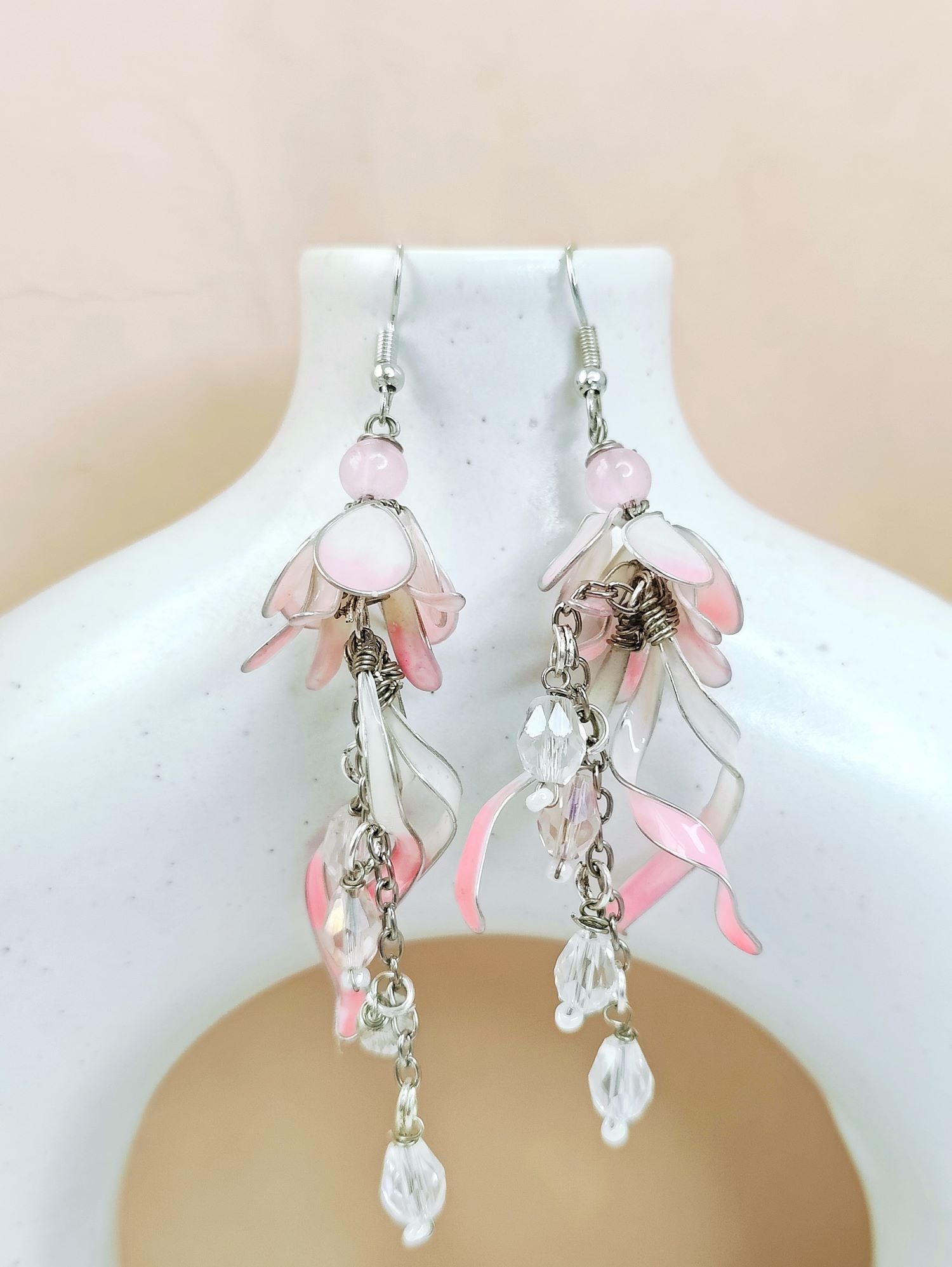 Soft pink and white floral resin earrings, lightweight handmade statement jewelry, elegant tulip design for women