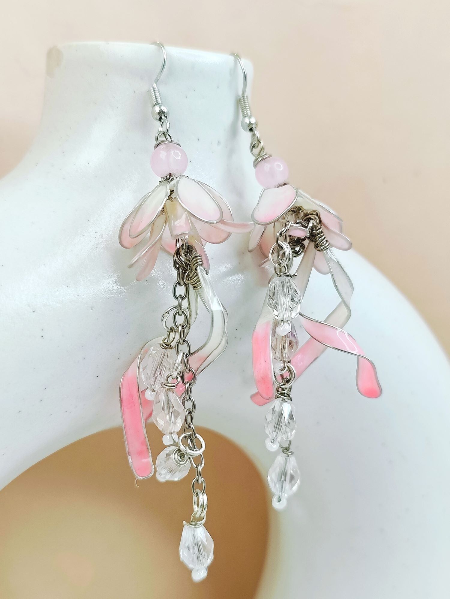 Soft pink and white floral resin earrings, lightweight handmade statement jewelry, elegant tulip design for women
