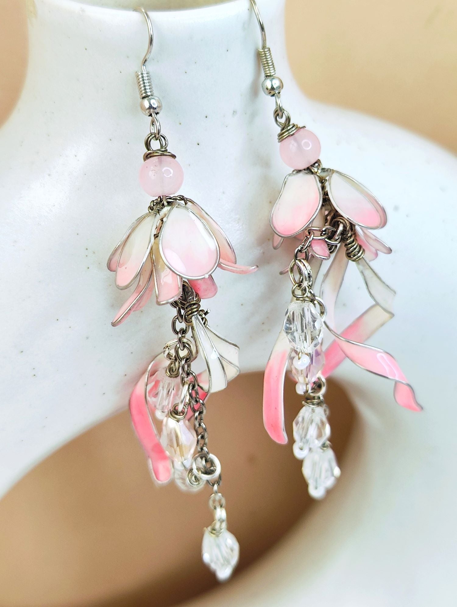 Soft pink and white floral resin earrings, lightweight handmade statement jewelry, elegant tulip design for women