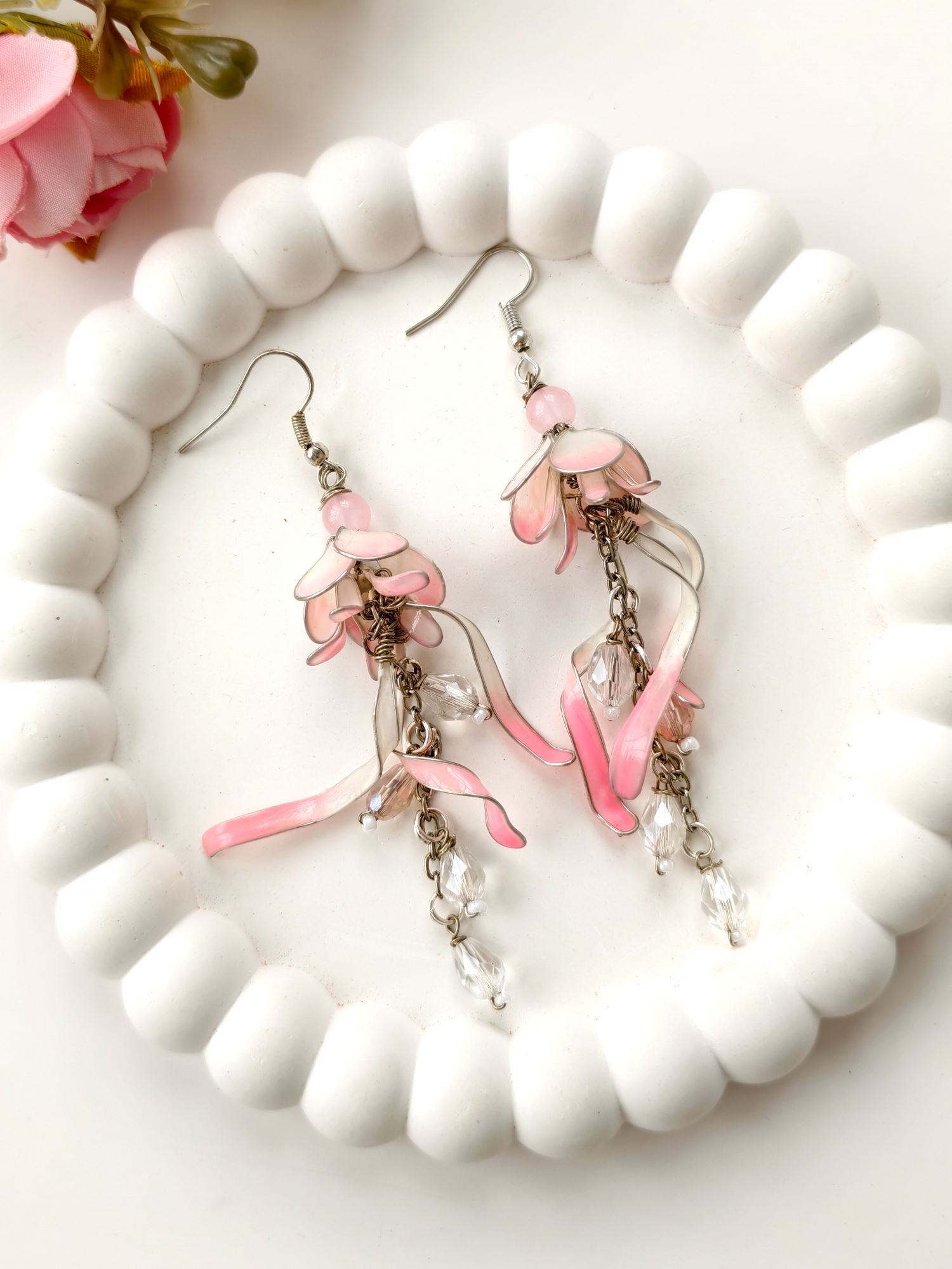 Soft pink and white floral resin earrings, lightweight handmade statement jewelry, elegant tulip design for women