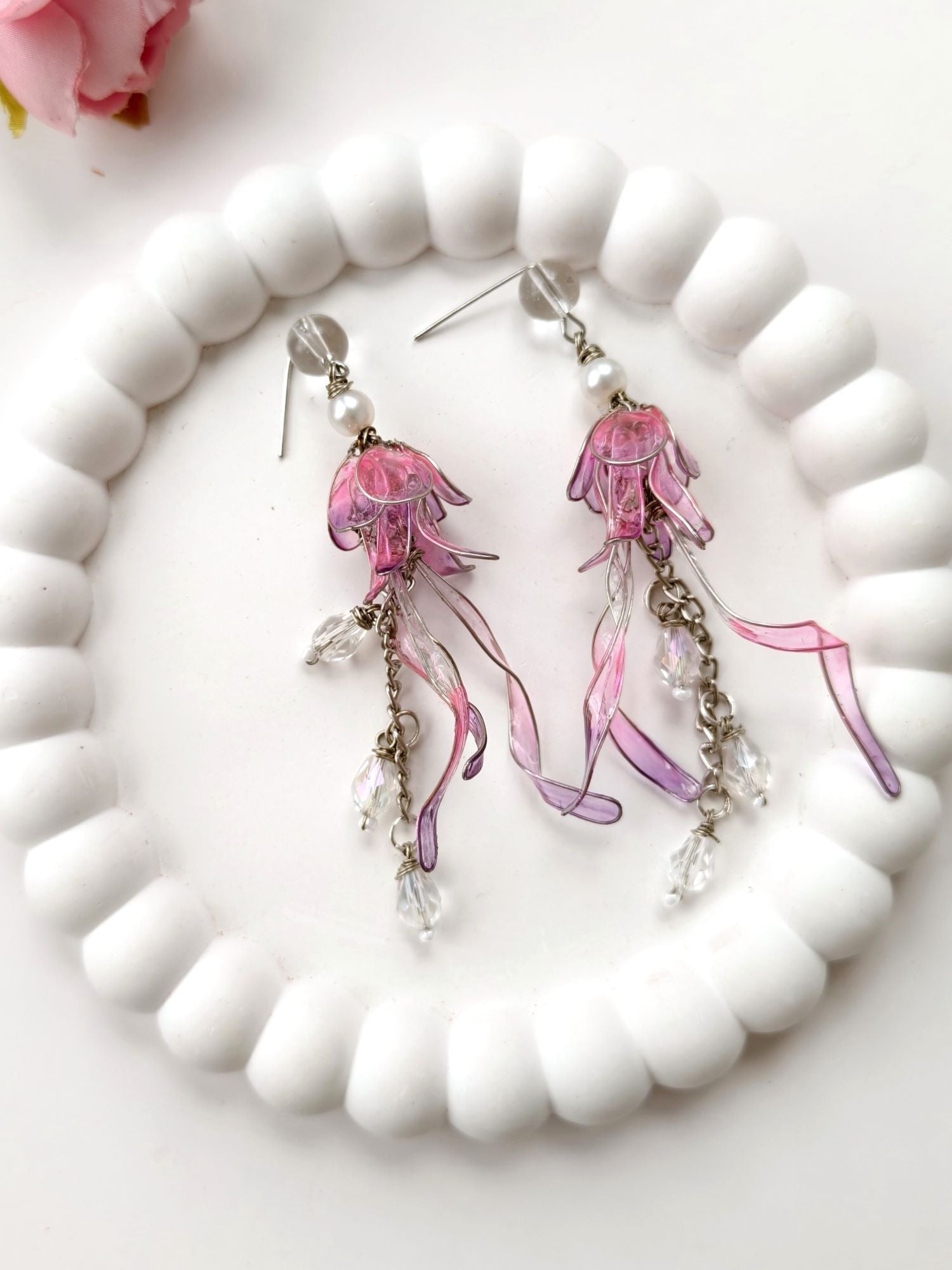 Purple pink floral handmade resin drop earrings for women