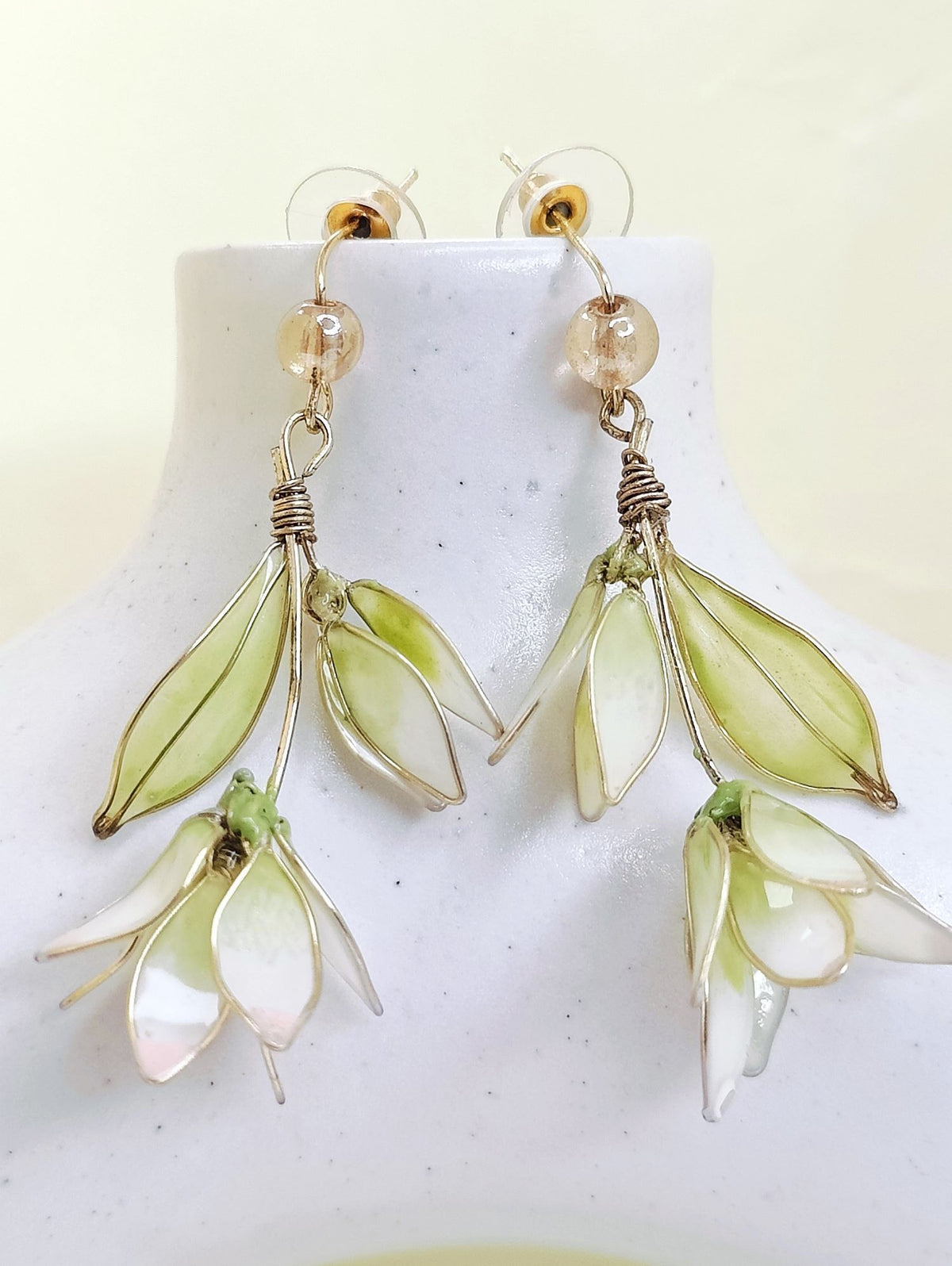 Light green handmade resin floral drop earrings with pearls