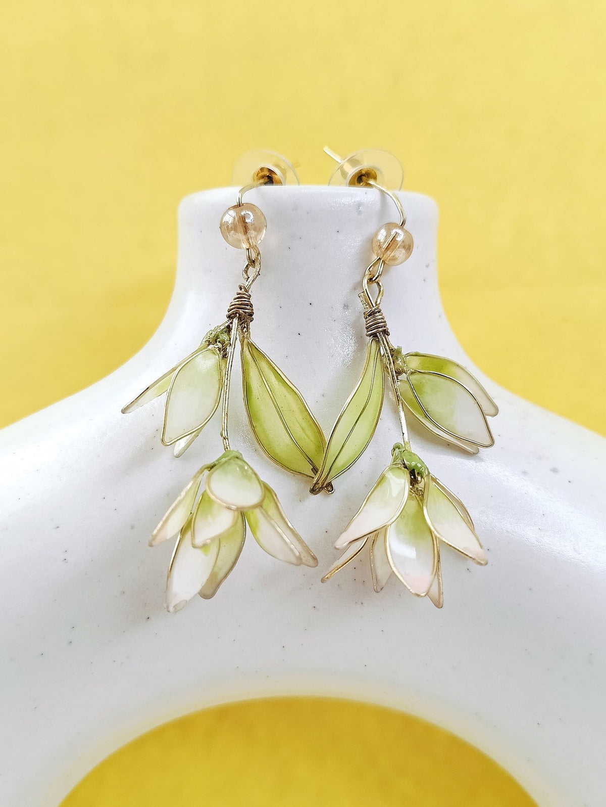 Light green handmade resin floral drop earrings with pearls