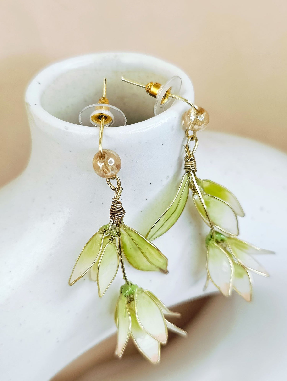 Light green handmade resin floral drop earrings with pearls