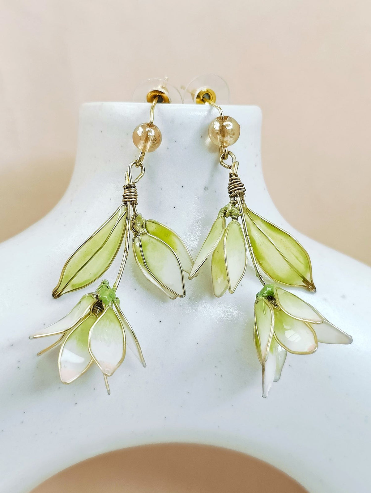 Light green handmade resin floral drop earrings with pearls