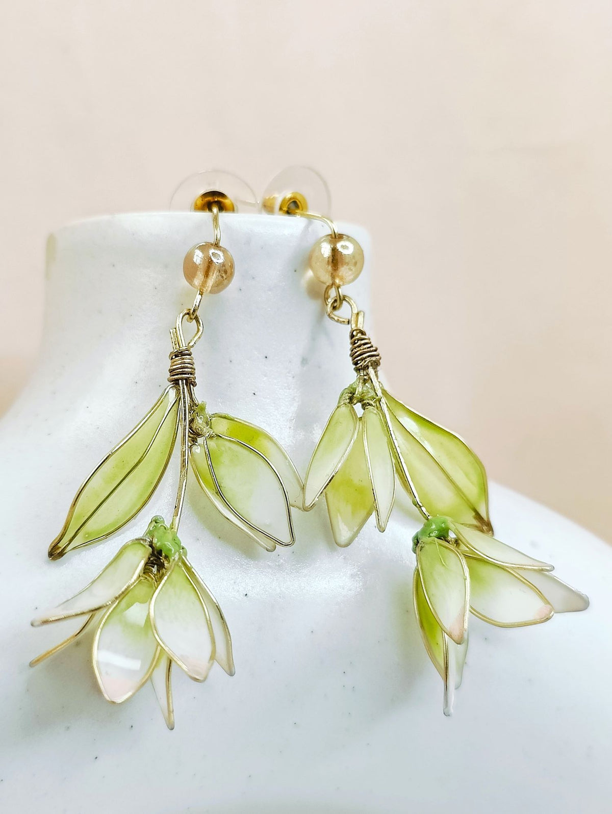 Light green handmade resin floral drop earrings with pearls