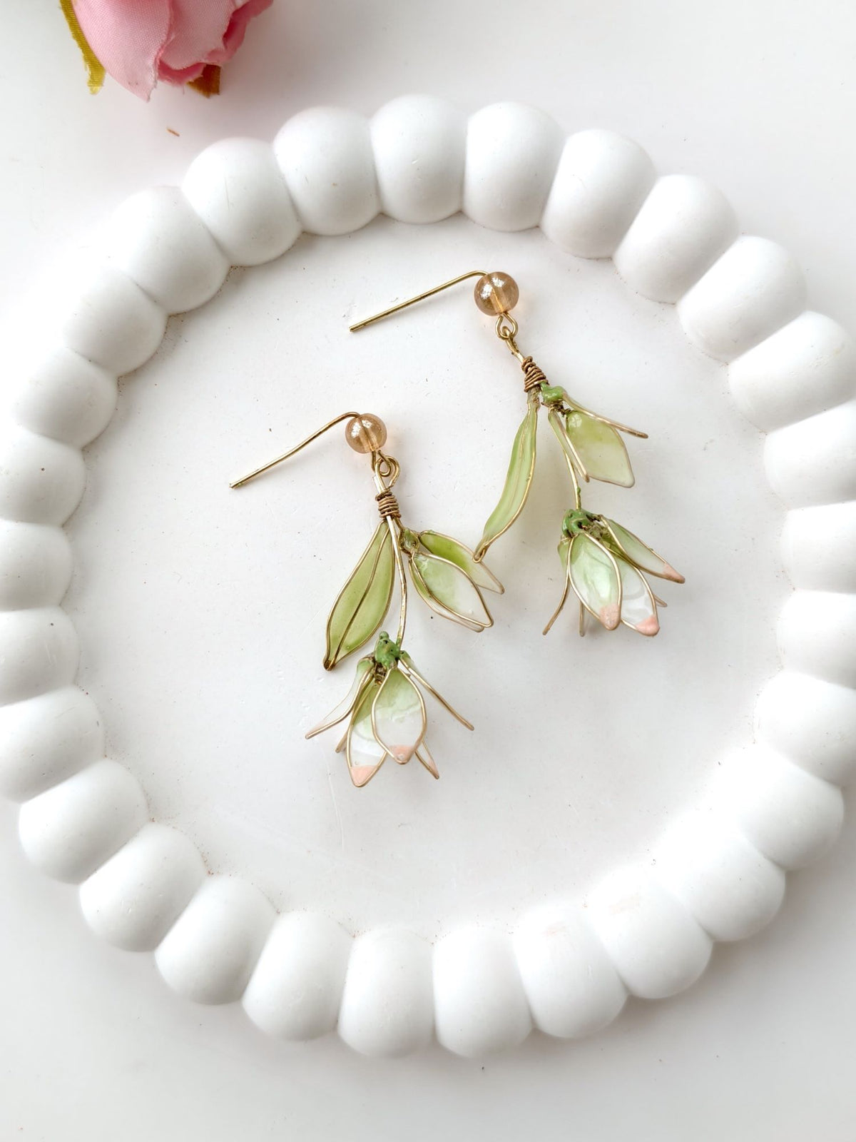 Light green handmade resin floral drop earrings with pearls