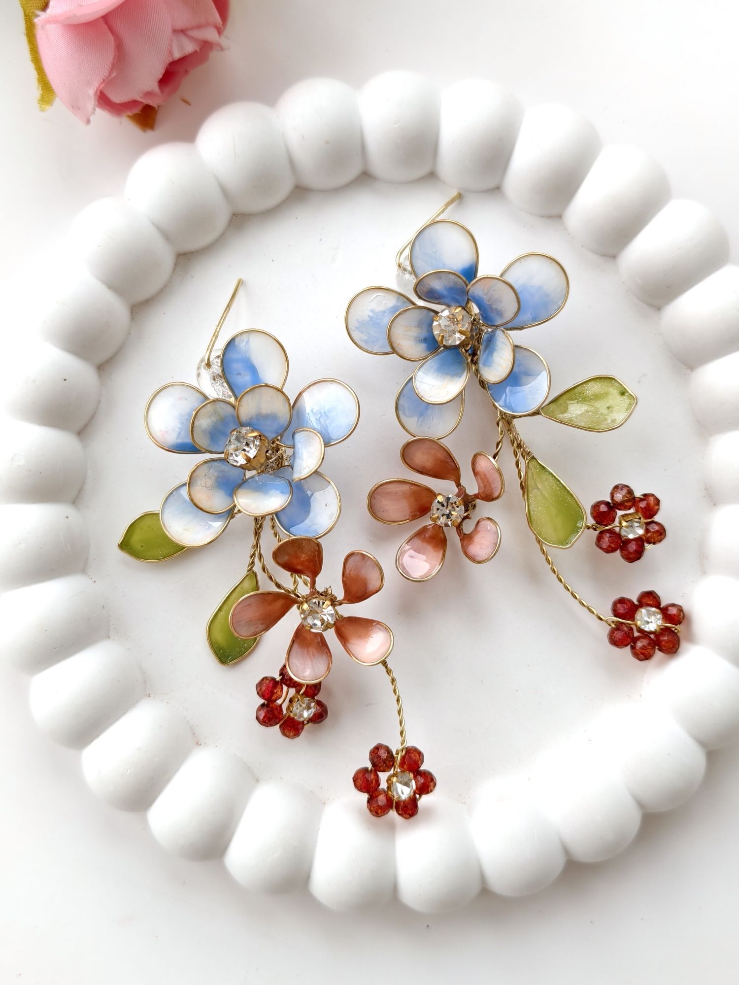 Sky blue resin floral earrings, lightweight handmade statement drop jewelry for haldi and mehendi brides 2026