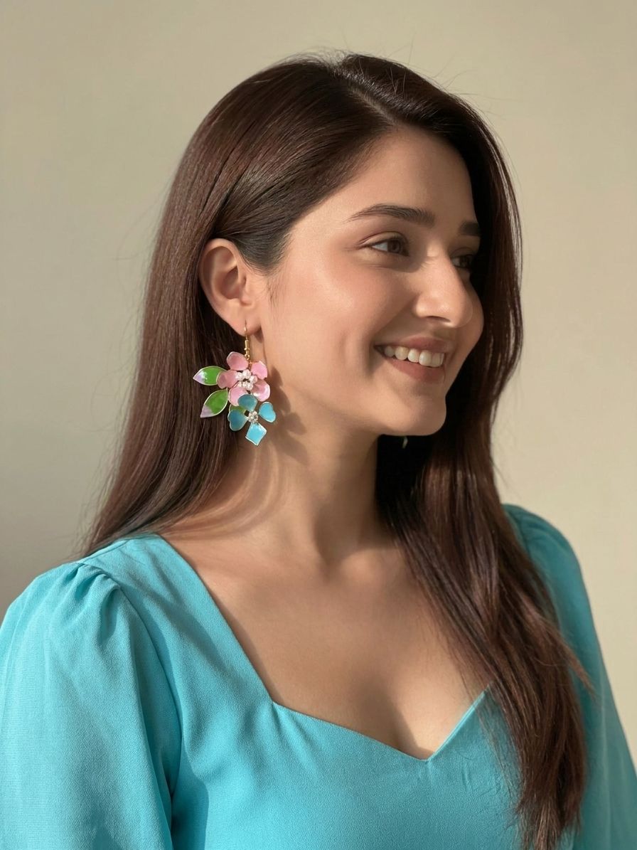 Multi color resin handmade floral earrings with blush pink pearls, lightweight statement elegant earrings for women
