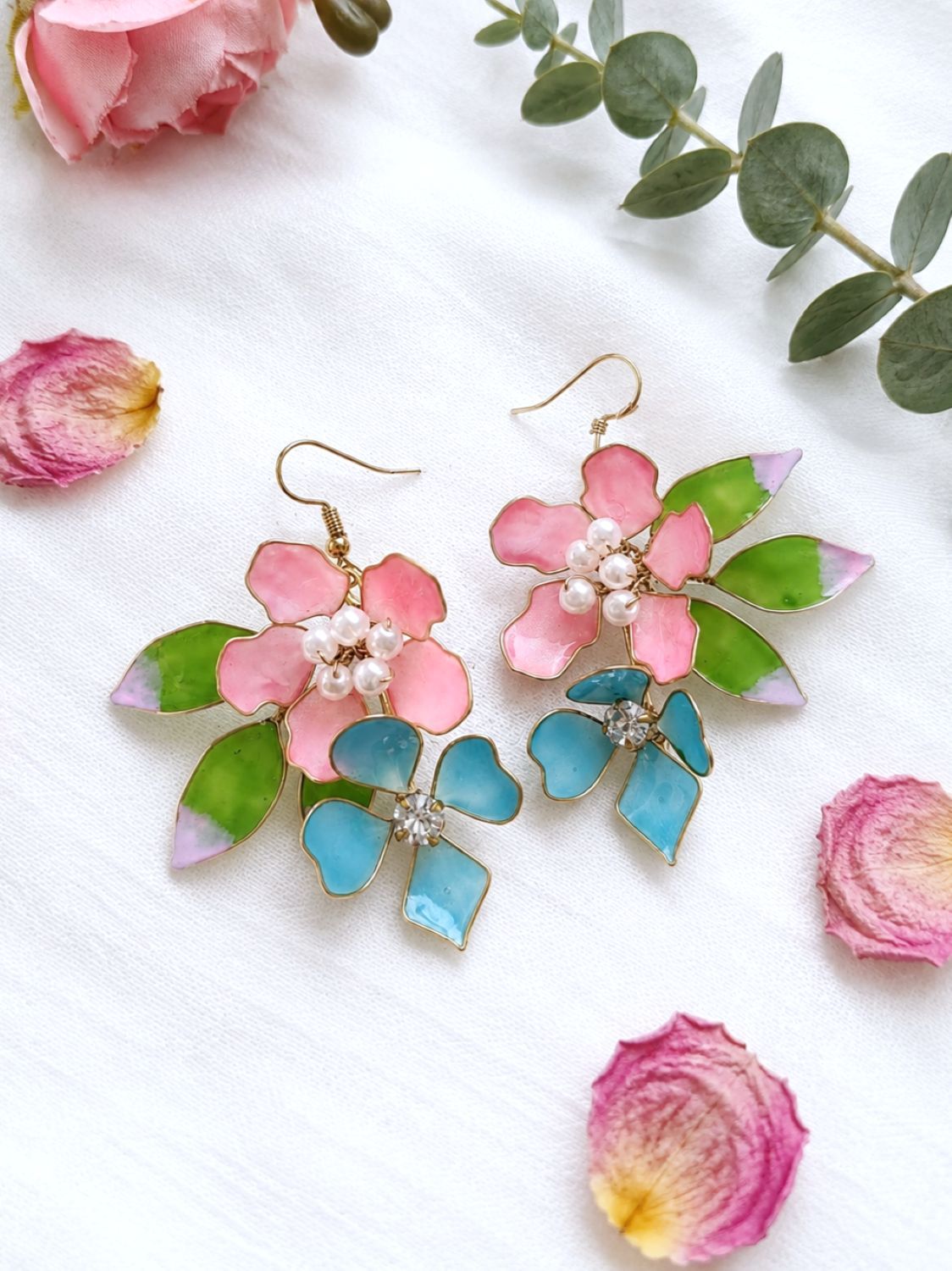 Multi color resin handmade floral earrings with blush pink pearls, lightweight statement elegant earrings for women