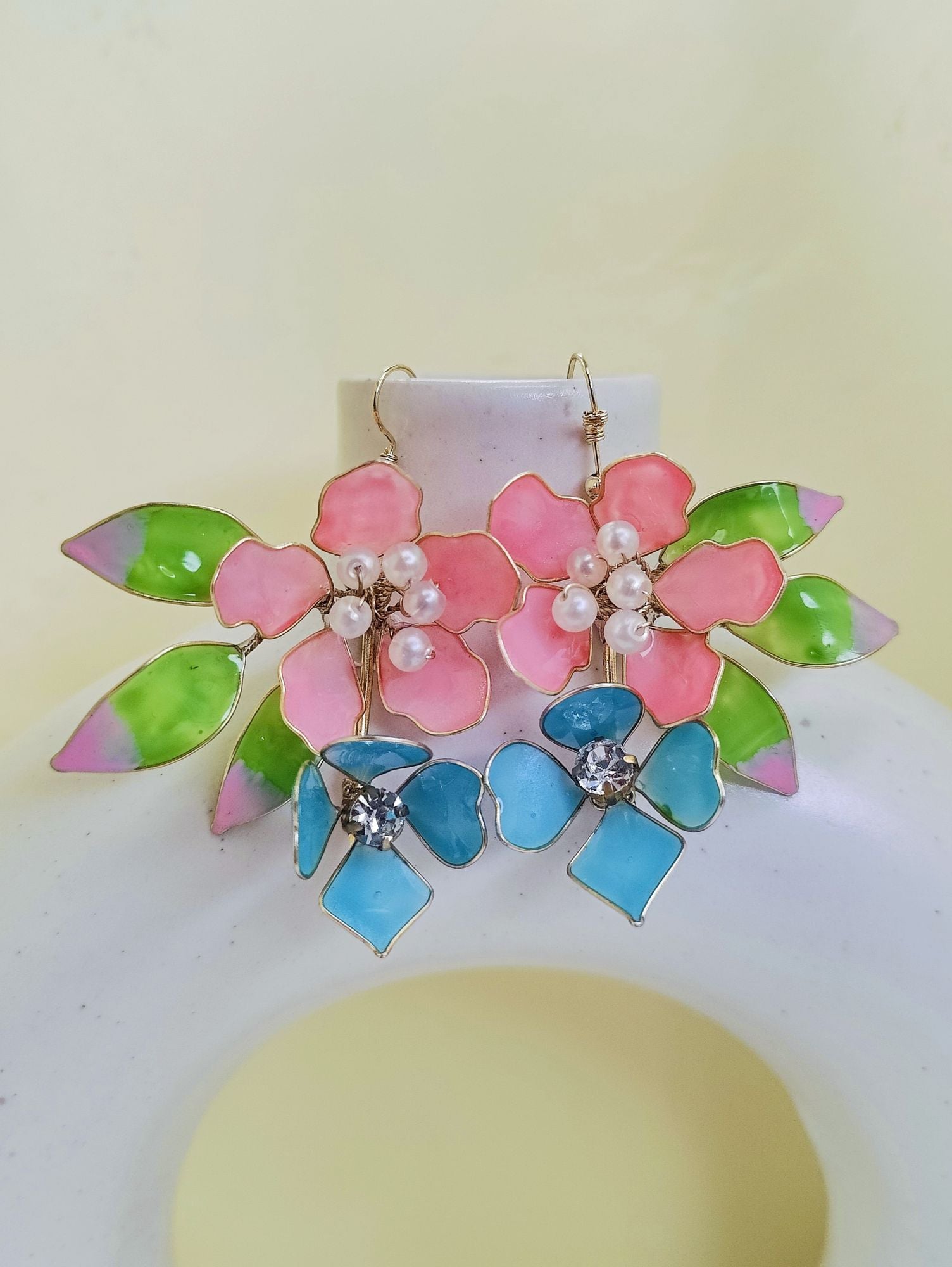 Multi color resin handmade floral earrings with blush pink pearls, lightweight statement elegant earrings for women