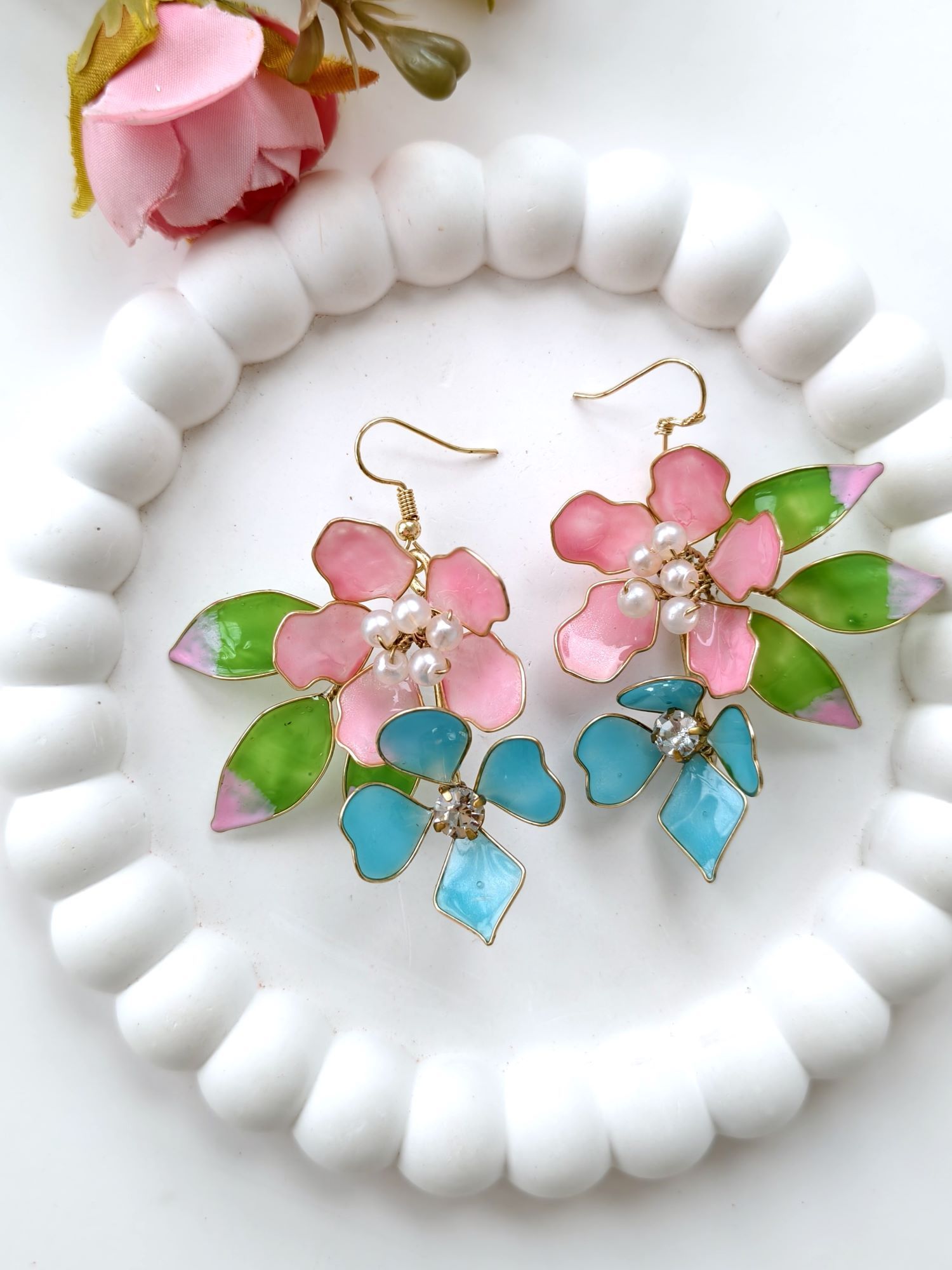 Multi color resin handmade floral earrings with blush pink pearls, lightweight statement elegant earrings for women