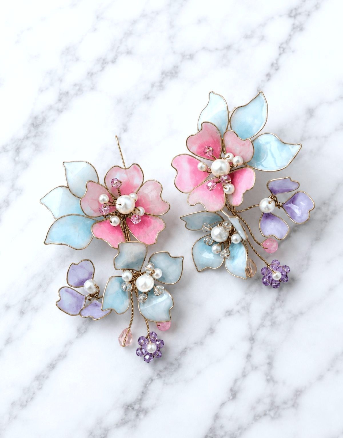 Powder blue and pink resin earrings, floral design, lightweight handmade statement earrings for women, pastel jewelry
