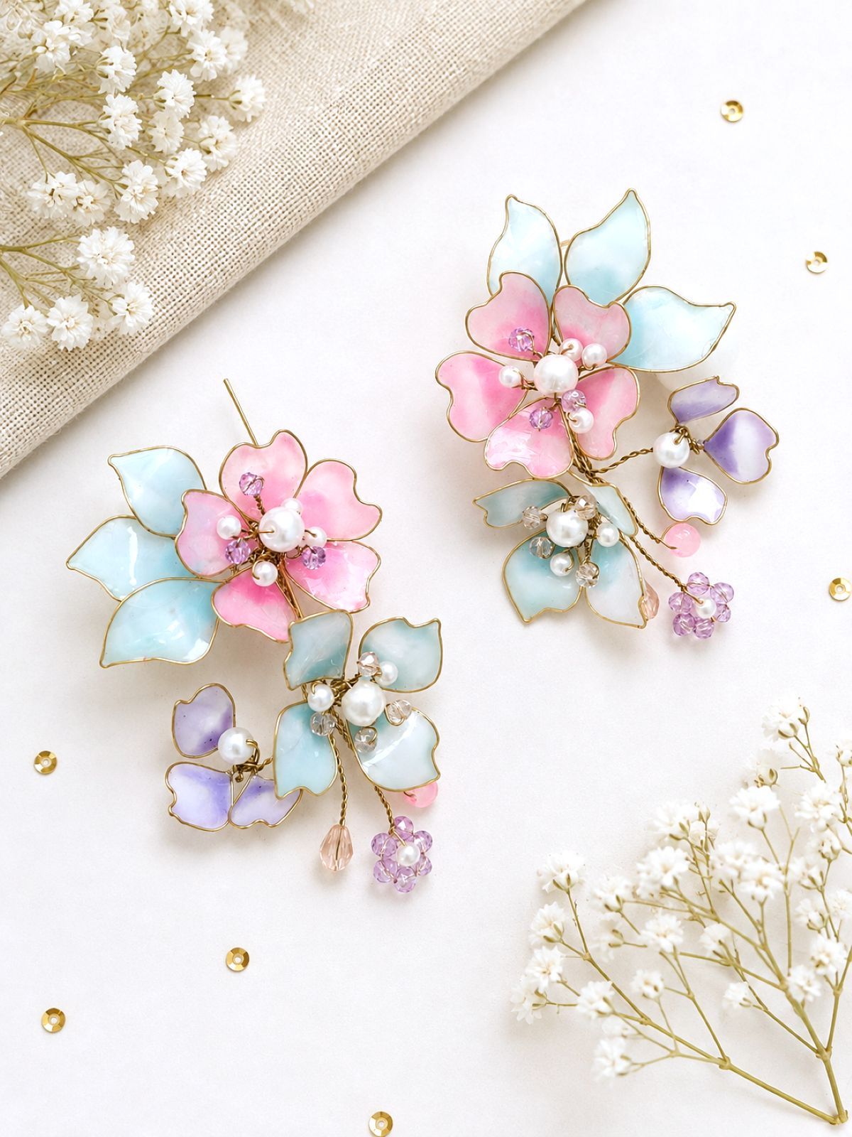 Powder blue and pink resin earrings, floral design, lightweight handmade statement earrings for women, pastel jewelry